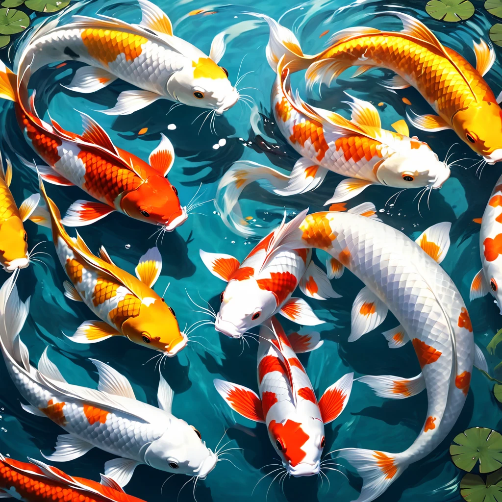 Fishtail cat in the sea,Big koi,Lots of koi,Koi fish of different colors and styles、Four white koi,Polka dot five color koi、Orange Gold Koi、Red and white koi、Minghai light yellow koi