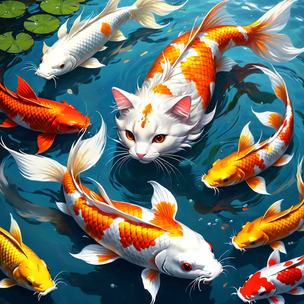 Fishtail cat in the sea，Big koi，Lots of koi，Koi fish of different colors and styles、Four white koi，Polka dot five color koi、Orange Gold Koi、Red and white koi、Minghai light yellow koi