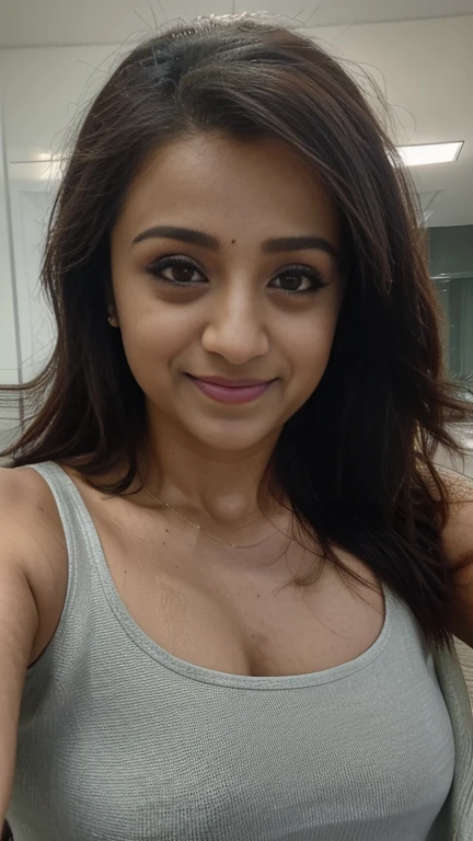 No make up closeup selfie bustshot of trisha,trisha krishnan, trks woman, hourglass figure, smile,  seductive look, daytime, tank top, sharp focus, octane, HD, 4K, high resolution selfie, bedroom, 30 year old ((long face)), ( big cheeks), (( beautiful eyes)), shaggy messy hair