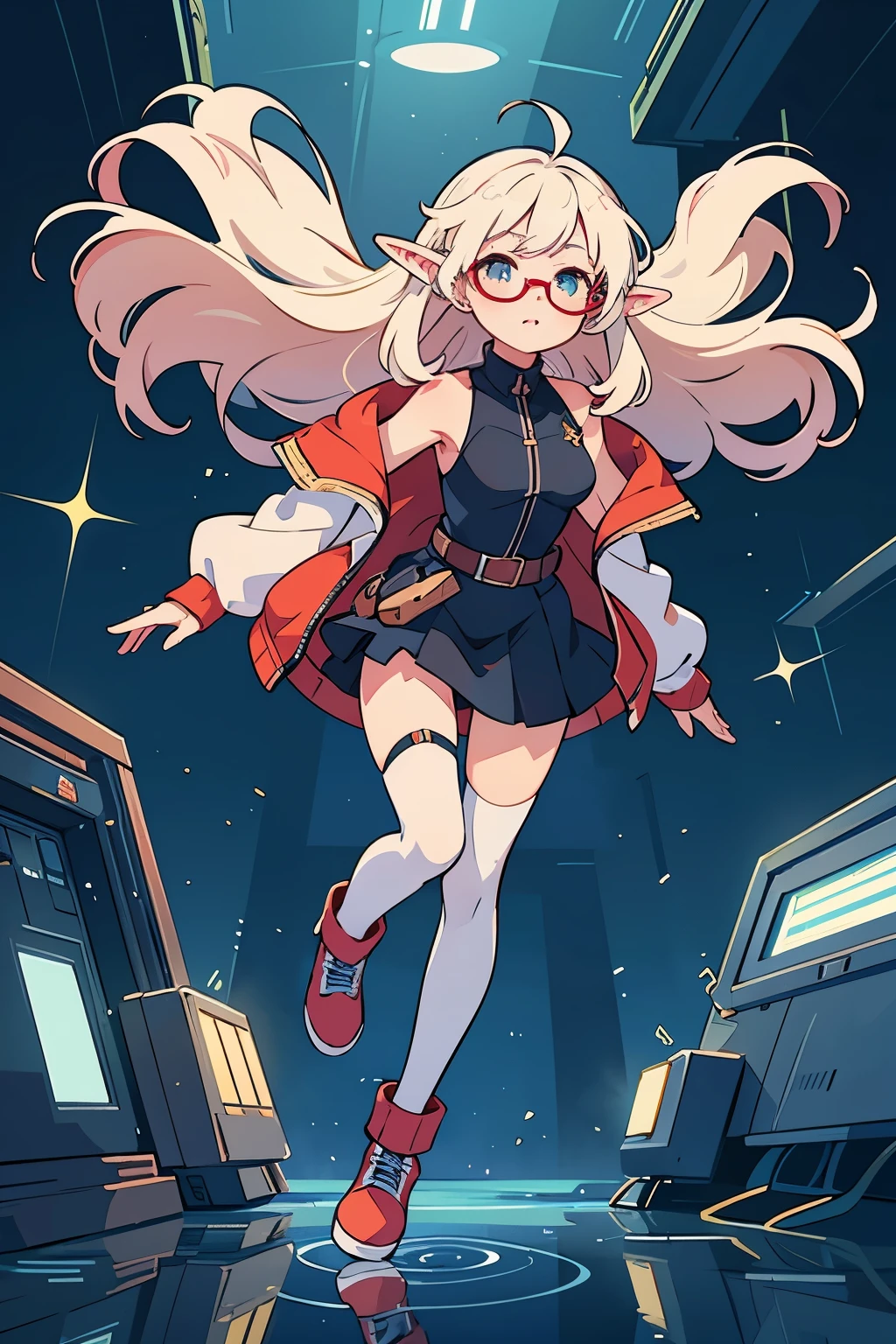 White Hair,Beautiful whole body,Black-rimmed glasses,Red Uniform,Create an anime-style illustration of a girl with an engineering motif. She should have striking red hair, exuding intelligence and creativity, and elven features such as pointed ears. Her attire should be slightly more revealing yet tasteful and professional, such as a sleeveless fitted jacket with a deeper neckline, a short skirt, and perhaps some thigh-high stockings. Ensure the illustration depicts her entire body in a gravity-defying pose, conveying confidence and competence. Include elements like a tool belt or engineering equipment to emphasize the theme. Her expression should be friendly and approachable, inviting visitors to engage with the site. The design should balance professionalism with an appealing aesthetic, reflecting a confident and empowered portrayal.The whole body is depicted so that it fits within the screen.,