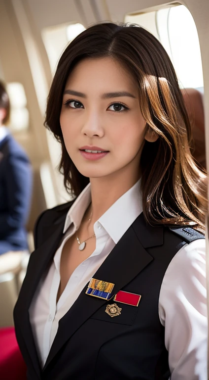 masterpiece, highest quality, born々New Photorealism, smile, Beautiful mature woman,42 years old、 sexy lady 、Long, wavy chestnut hair, Big Breasts, Depth of written boundary, High resolution, Super detailed, Highly detailed eyes and face, Sharp pupils Sharp focus, Cinema Lighting,uniform, like Delta airline uniform, flight attendant uniform, Sexy Looks, sexy uniform, sexy flight attendant uniform, head, Detailed Background, Cabin seats, Sit in the jump seat, Looking out the window, Inside the cabin of the Bowling 787-9,