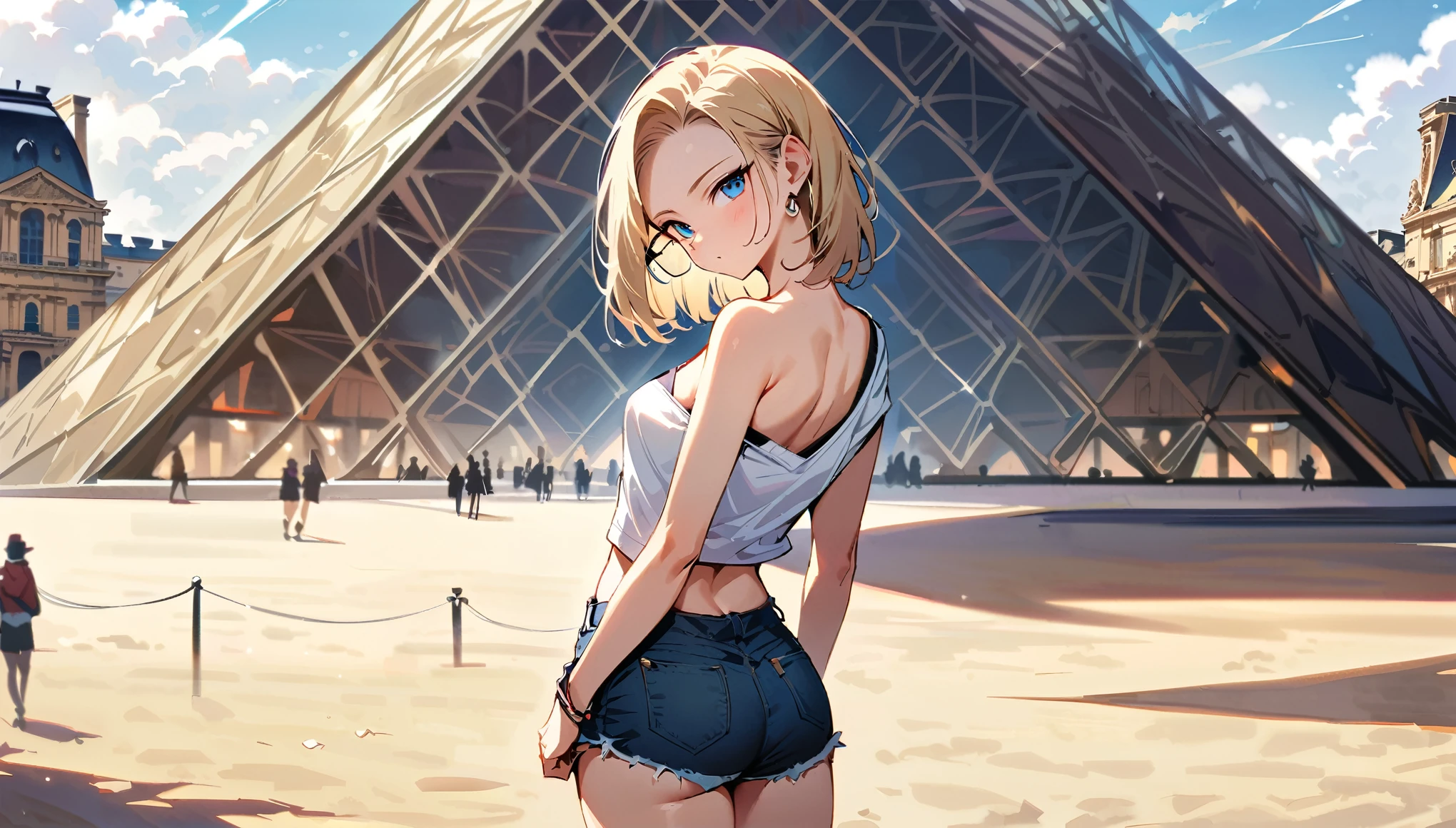 (masterpiece, best quality:1.2), full body shot, solo, Android 18 from Dragon Ball, collarbone, cleavage, ((slip-on one-shoulder crop top)), (light gray top:1.2), no jacket, midriff-baring, navel, (short shorts with one button undone), strings of thong underwear slightly visible, small breasts, short blonde hair loose, ((blue eyes)), ((wearing glasses)), earrings on earlobes, slender feminine figure, narrow waistline, skinny body, (plane black cap), (cap without logo), beach sandals, sunlight, head tilt, looking at viewer, light blush, shot from behind, looking back, back view, arms behind back, walking, the Louvre, the Eiffel Tower, outside, natural lighting and shadows, blur background, 4K