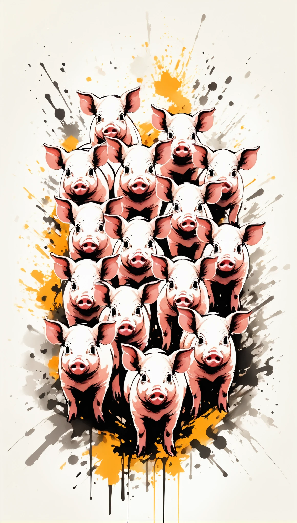 Vector Art, Colorful illustration with lots of piglets, In the center, Vibrant colors,Graffiti Art,ink splatter,Wild and unrestrained,rich and colorful,visual impact,Modern aesthetic super detailed,