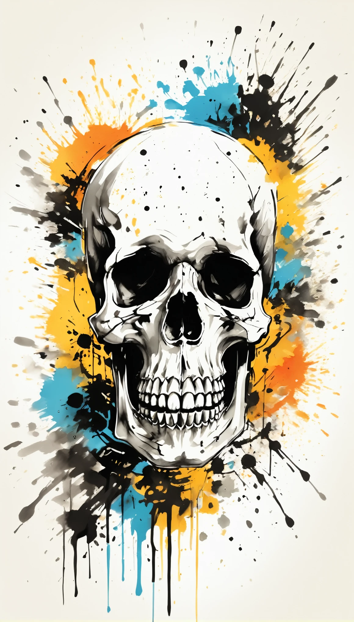 Vector Art, Colorful illustration with many skulls, In the center, Vibrant colors，Graffiti Art，ink splatter，Wild and unrestrained，rich and colorful，visual impact,Modern aesthetic super detailed,
