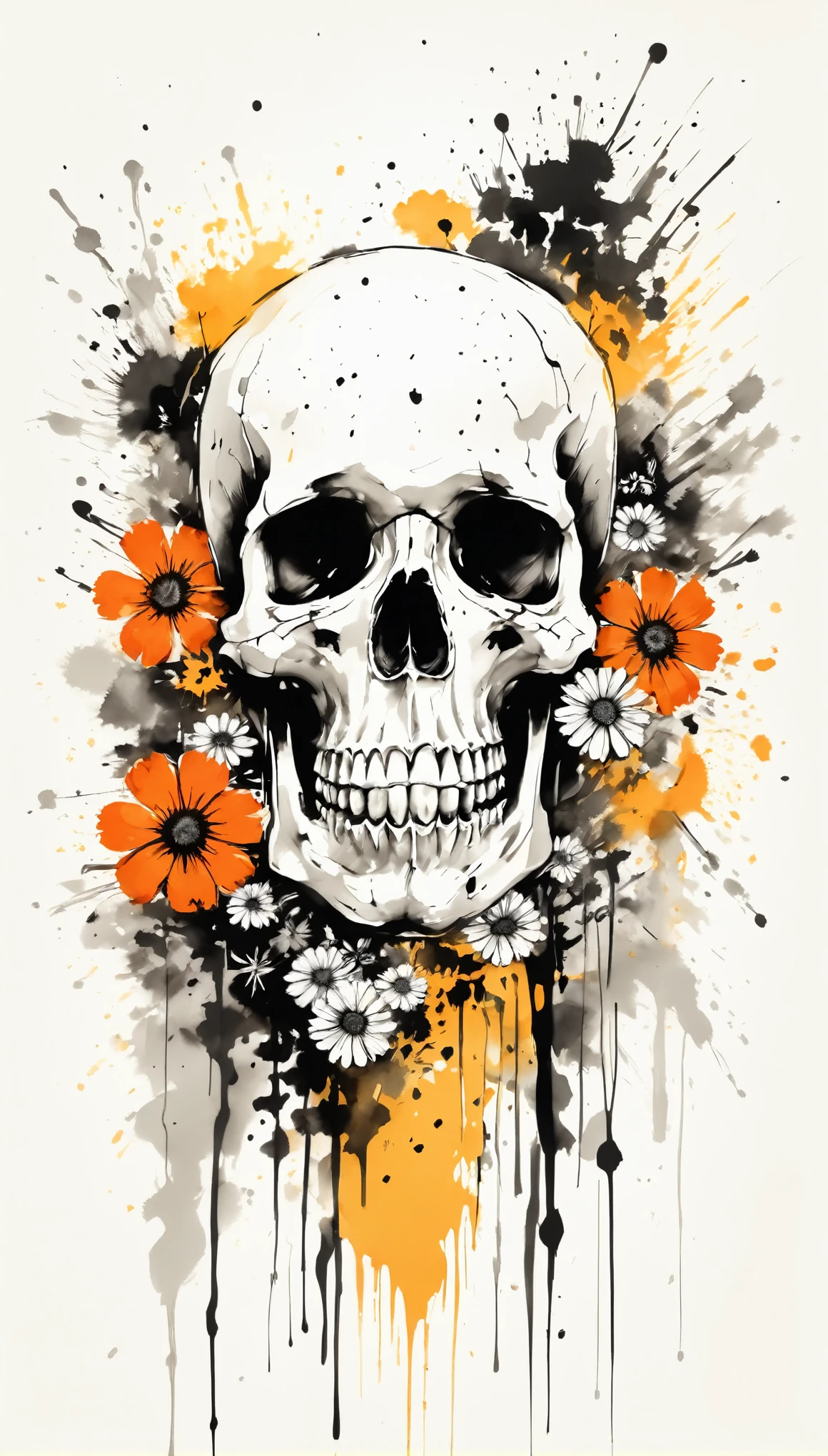 Vector Art, Colorful illustration with many skulls and flowers, In the center, Vibrant colors，Graffiti Art，ink splatter，Wild and unrestrained，rich and colorful，visual impact,Modern aesthetic super detailed,
