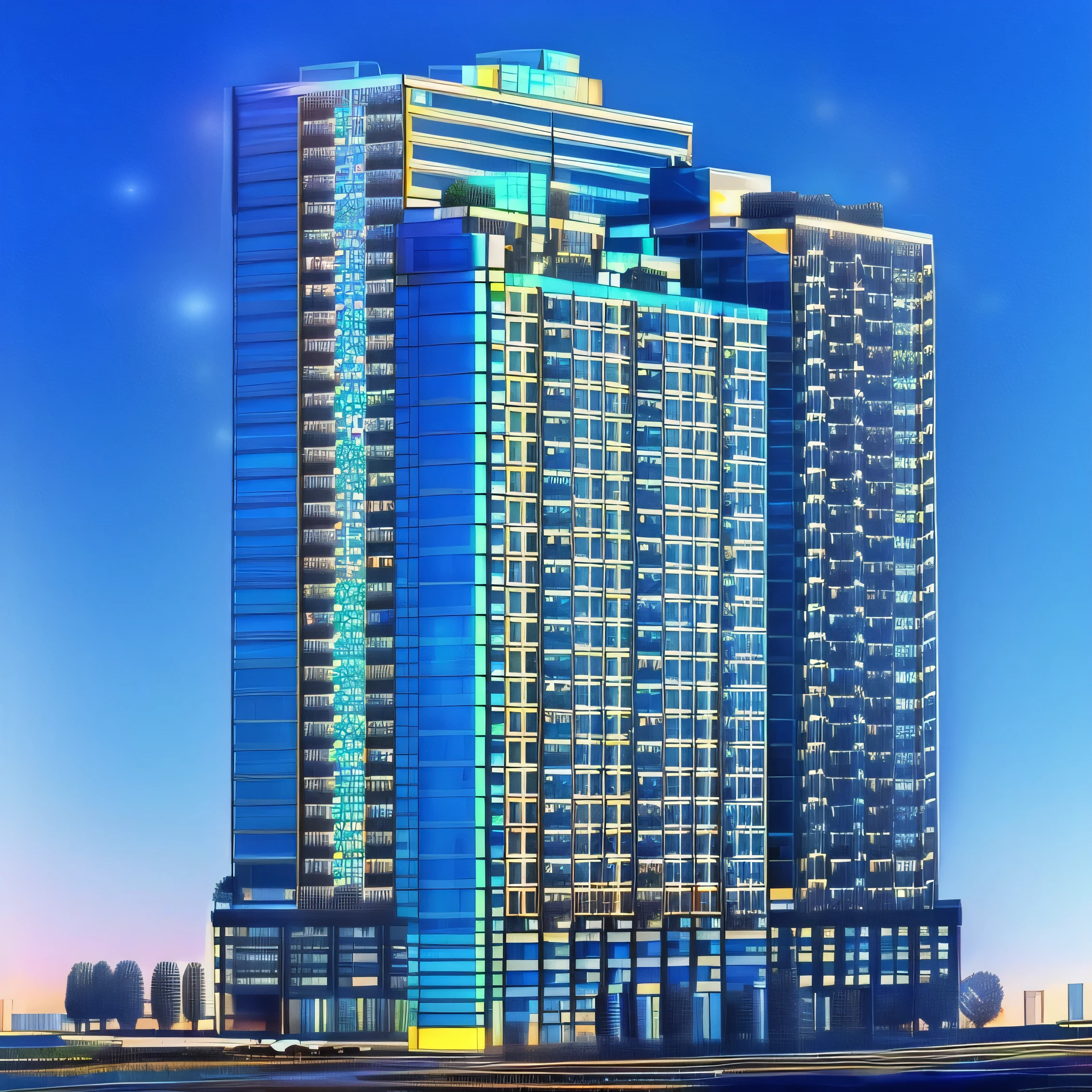 masterpiece, high quality:1.5), (8K, HDR, high resolution, extremely detailed), Photo-realistic futuristic cityscape with sparkling glass skyscrapers, soft lighting morning, car entrance roads, peaceful atmosphere, clear blue sky, white clouds, modern architecture, 3D perspective, park in front of the building, warm light inside the building.