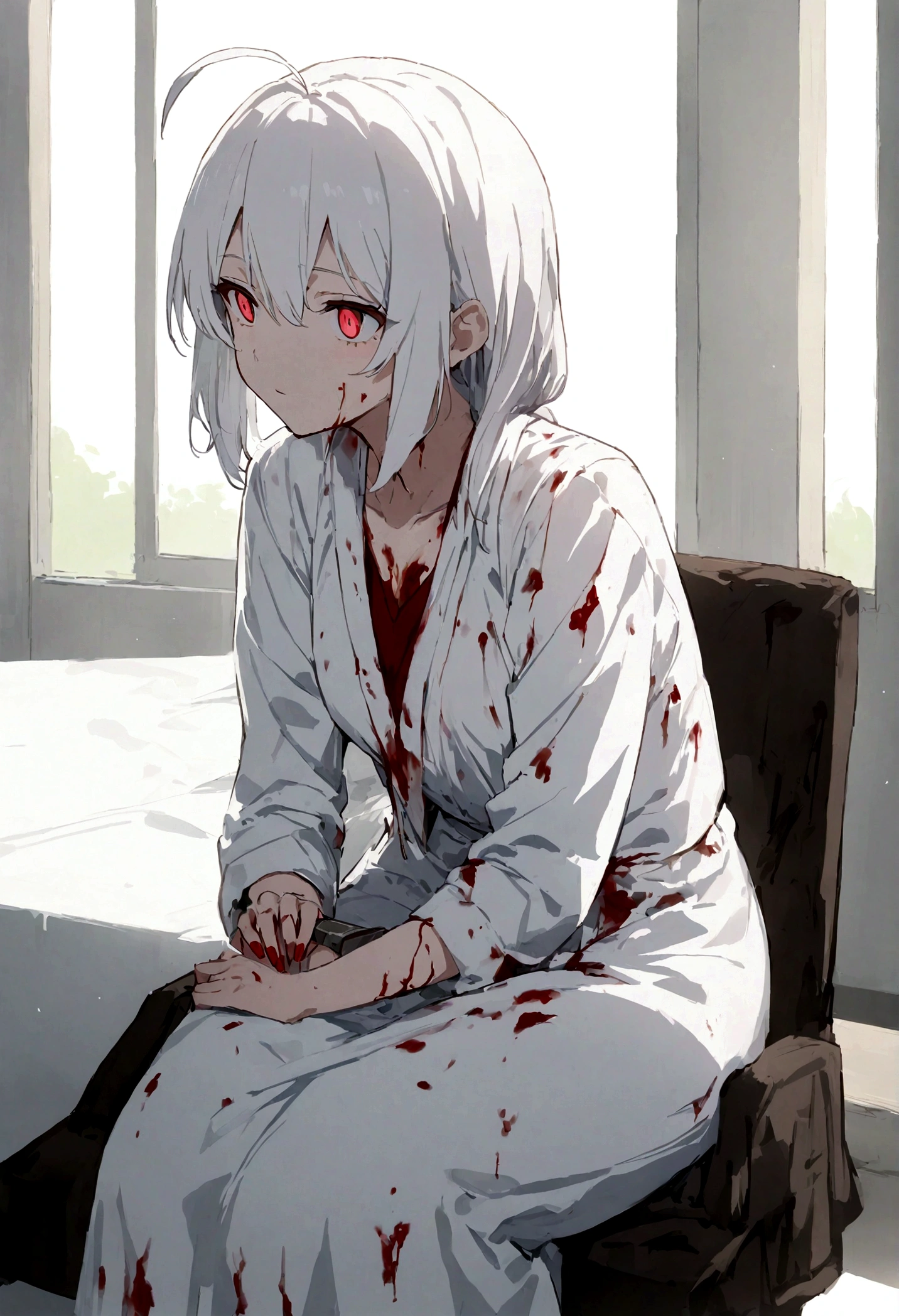 "((masterpiece, highest quality, High resolution)), (woman), (One character), (alone), (alone), (anime), (Ahoge, Long white hair), (Faintly glowing red eyes), (Bloody Straight Jacket), (Red nails), (Sit on your lap and lean forward), (Mental hospital, White Room), (Covered in blood), (Bloody clothes), (With a bloody knife), (crazy, Unreasonable)