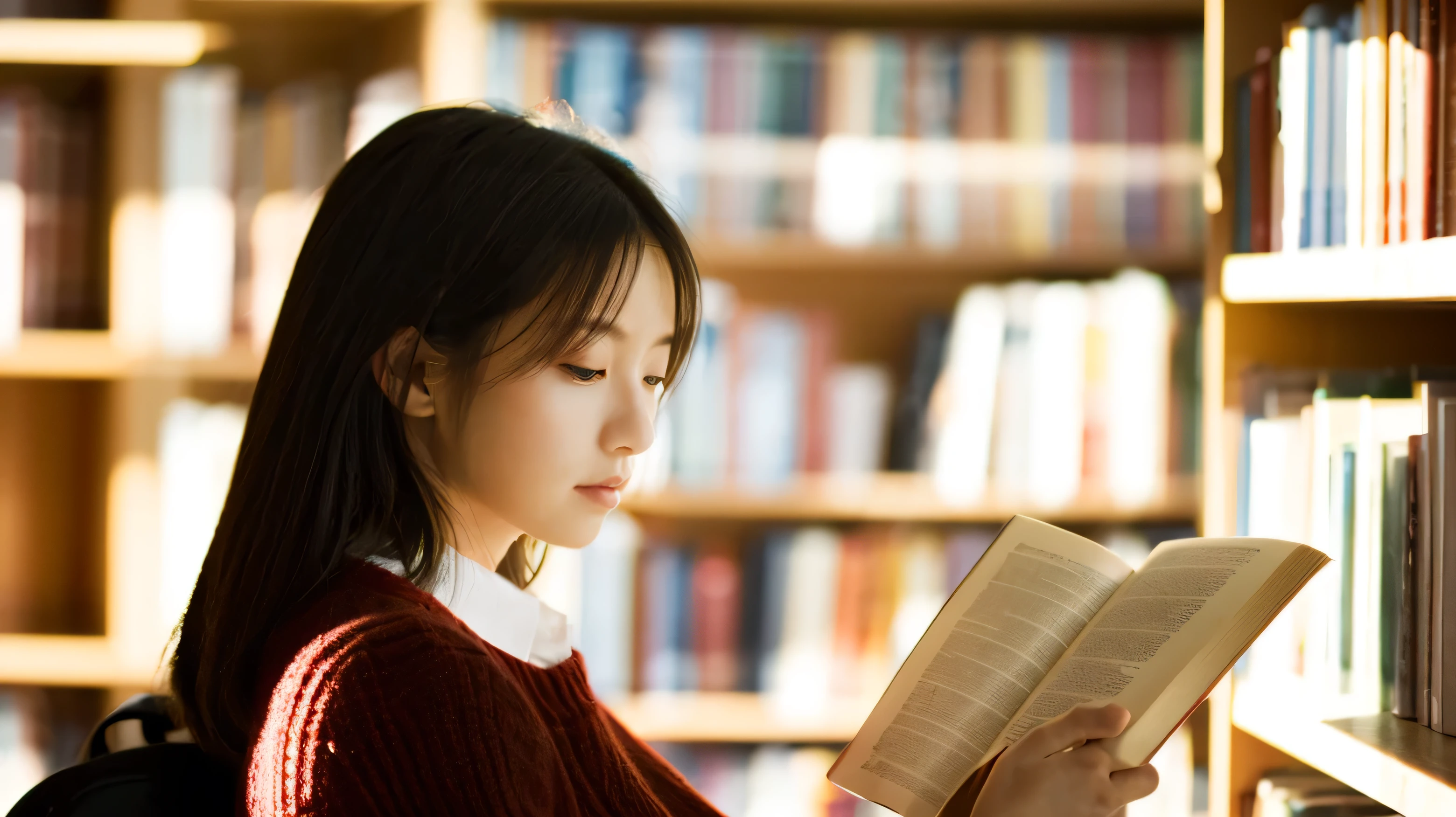 Middle-aged woman reading in a library、Pondering deeply、warm sunlight、Calm space、high resolution、High definition、