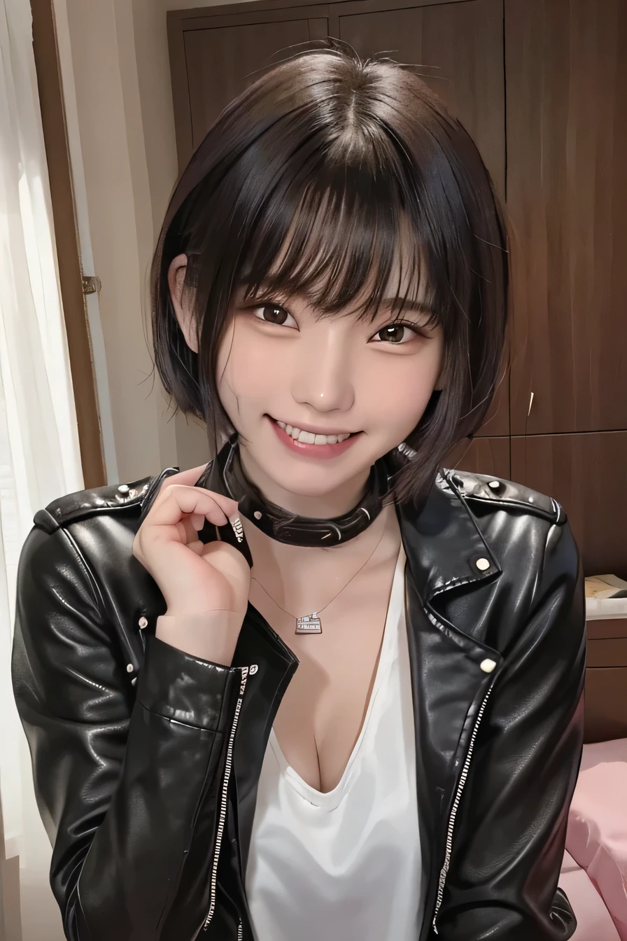 05 ((short hair)), 20-year-old female, Surrealism, Flower Smile、Gums are visible、Beautiful teeth alignment、Black Hair、ear piercing、Necklace around the neck、leather jacket、shirt、Smiling with teeth showing、The background is in the room、