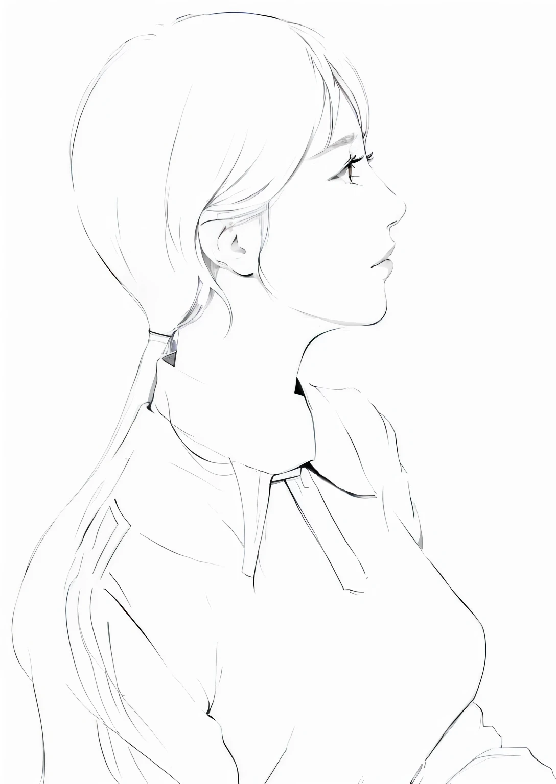 Drawing of a woman wearing a collared shirt, outline, profile poses, outoutline, Vertical side profile, outline!!, Waist side profile rises vertically., vertical center side profile, Clean anime outline, girl body, Anime girl profile, round neck, Vertical profile of an anime girl, neck on neck, Inspired by Kamisaka Sekka