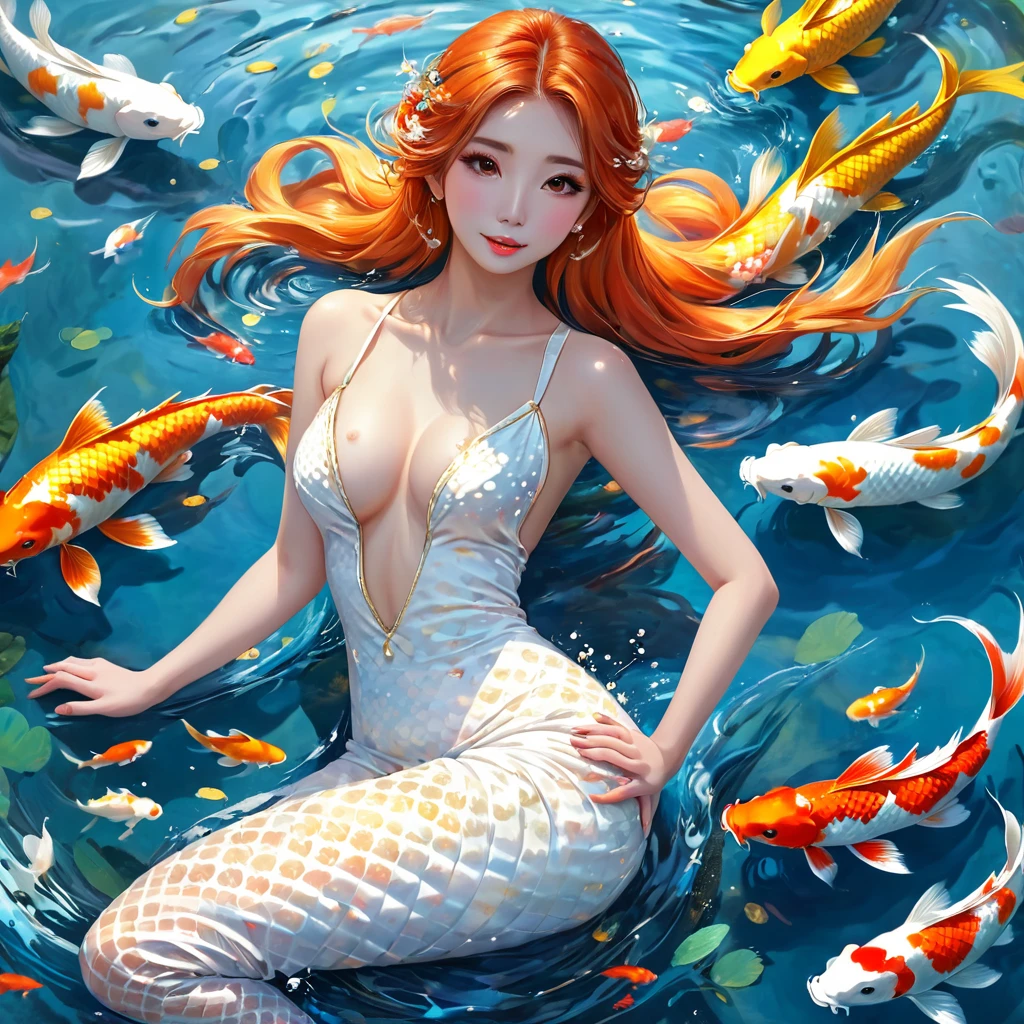 Mermaid with fishtail in the sea,Big koi,Lots of koi,Koi fish of different colors and styles、Four white koi,Polka dot five color koi、Orange Gold Koi、Red and white koi、Minghai light yellow koi