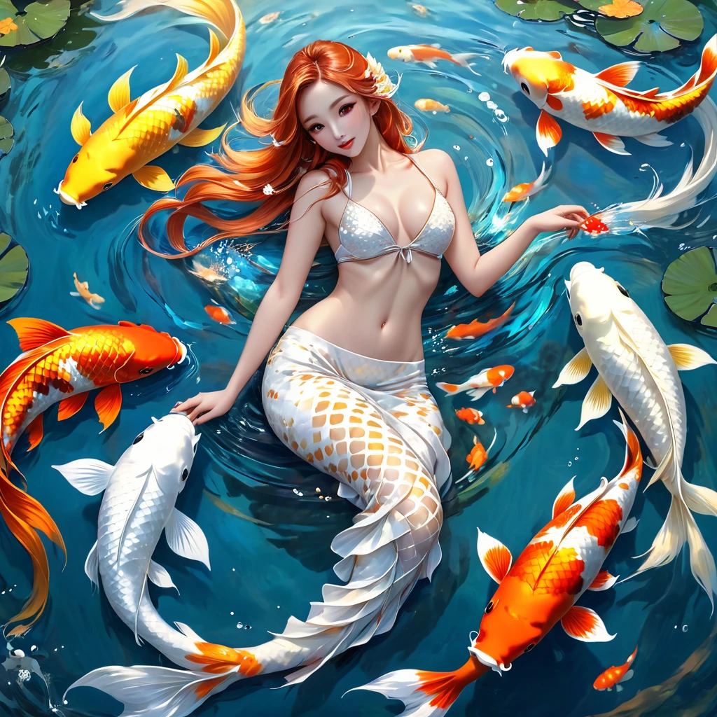 Mermaid with fishtail in the sea，Big koi，Lots of koi，Koi fish of different colors and styles、Four white koi，Polka dot five color koi、Orange Gold Koi、Red and white koi、Minghai light yellow koi