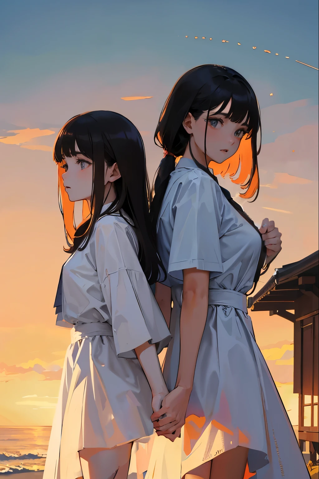 The two girls stood back to back，One looks at the sky, the other looks at the earth，Modern clothing，Perfect face perfect hands