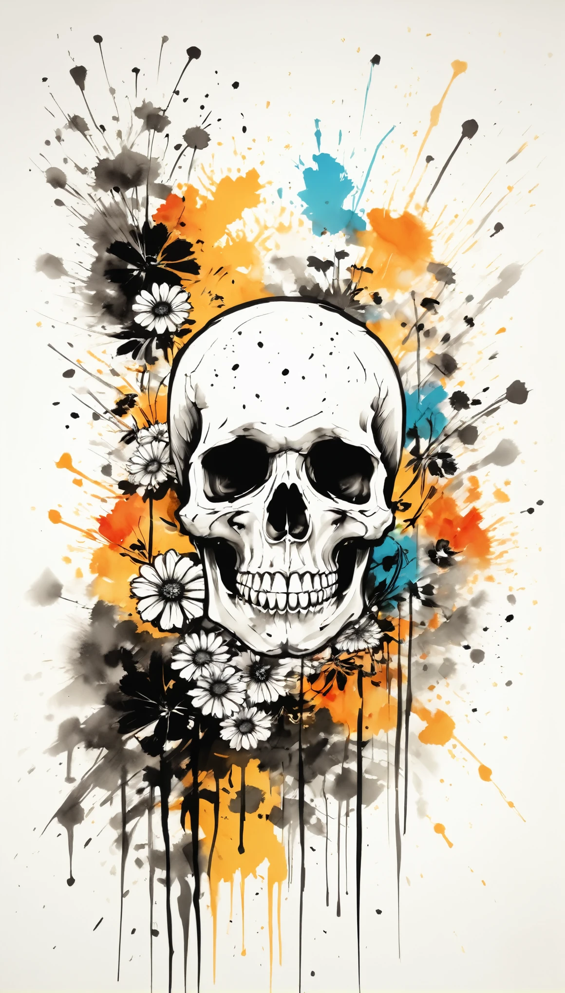 Vector Art, Colorful illustration with many skulls and flowers, In the center, Vibrant colors，Graffiti Art，ink splatter，Wild and unrestrained，rich and colorful，visual impact,Modern aesthetic super detailed,
