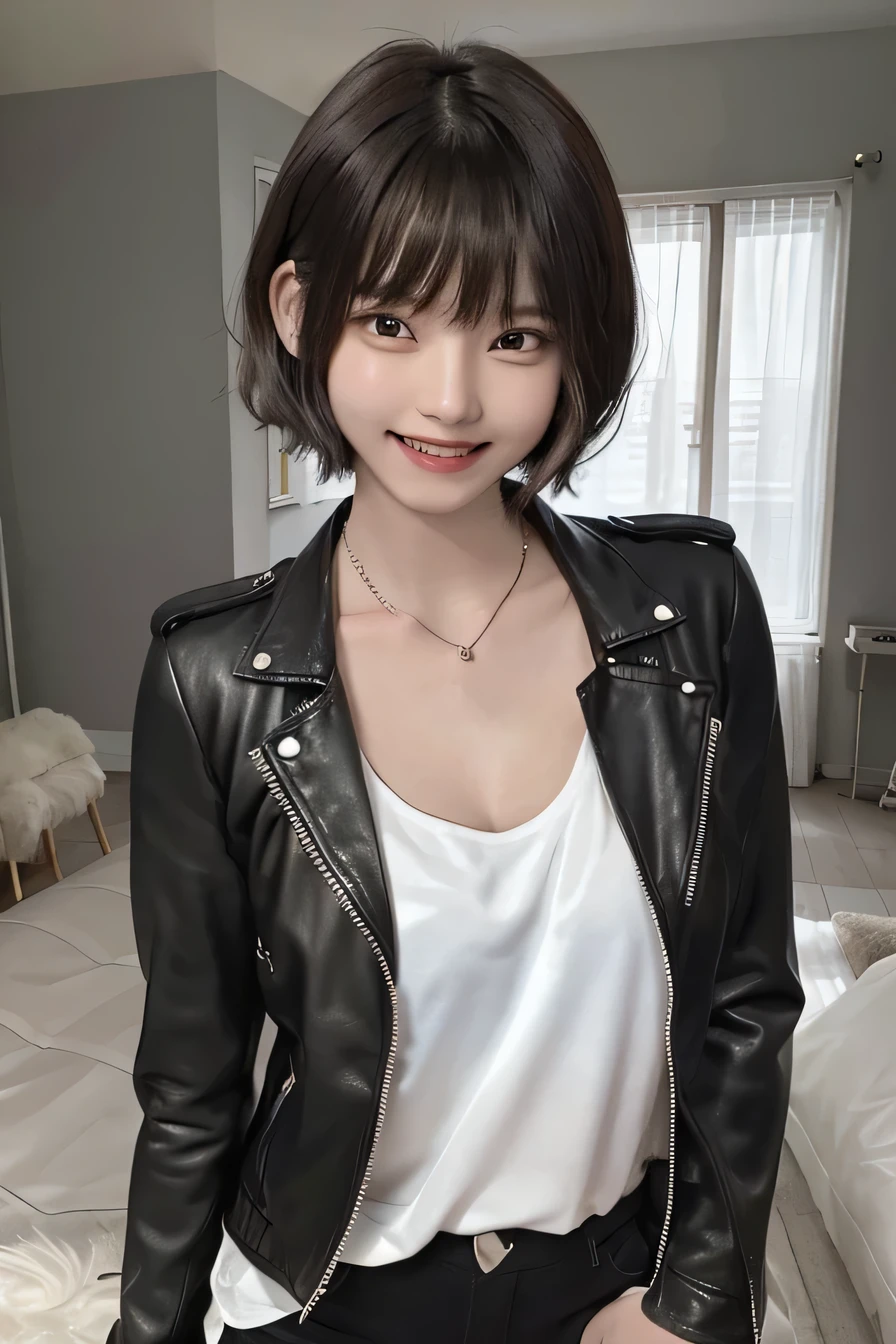 05 ((short hair)), 20-year-old female, Surrealism, Flower Smile、Gums are visible、Beautiful teeth alignment、Black Hair、ear piercing、Necklace around the neck、leather jacket、shirt、Smiling with teeth showing、The background is in the room、