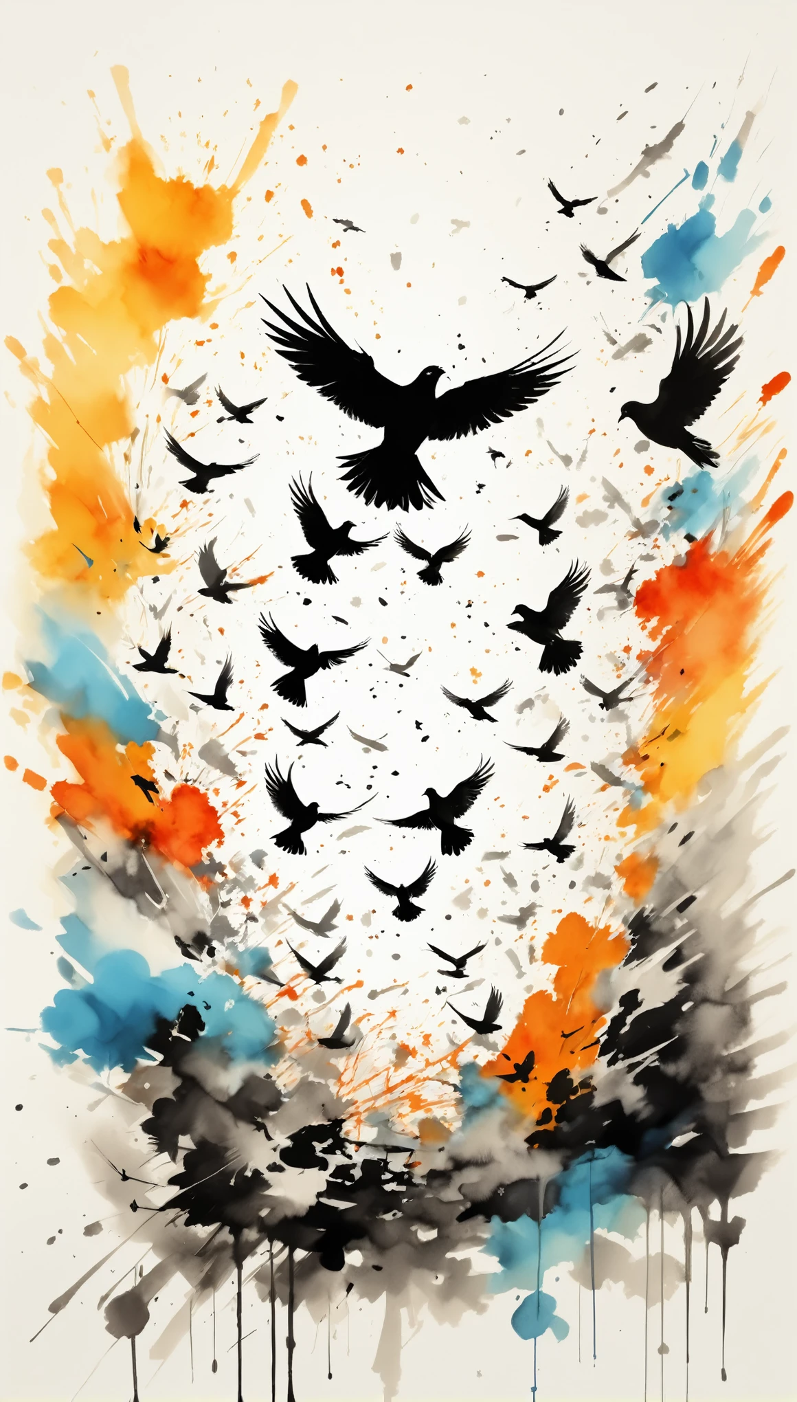 Vector Art, Colorful illustration with lots of pigeons and clouds, In the center, Vibrant colors,Graffiti Art,ink splatter,Wild and unrestrained,rich and colorful,visual impact,Modern aesthetic super detailed,