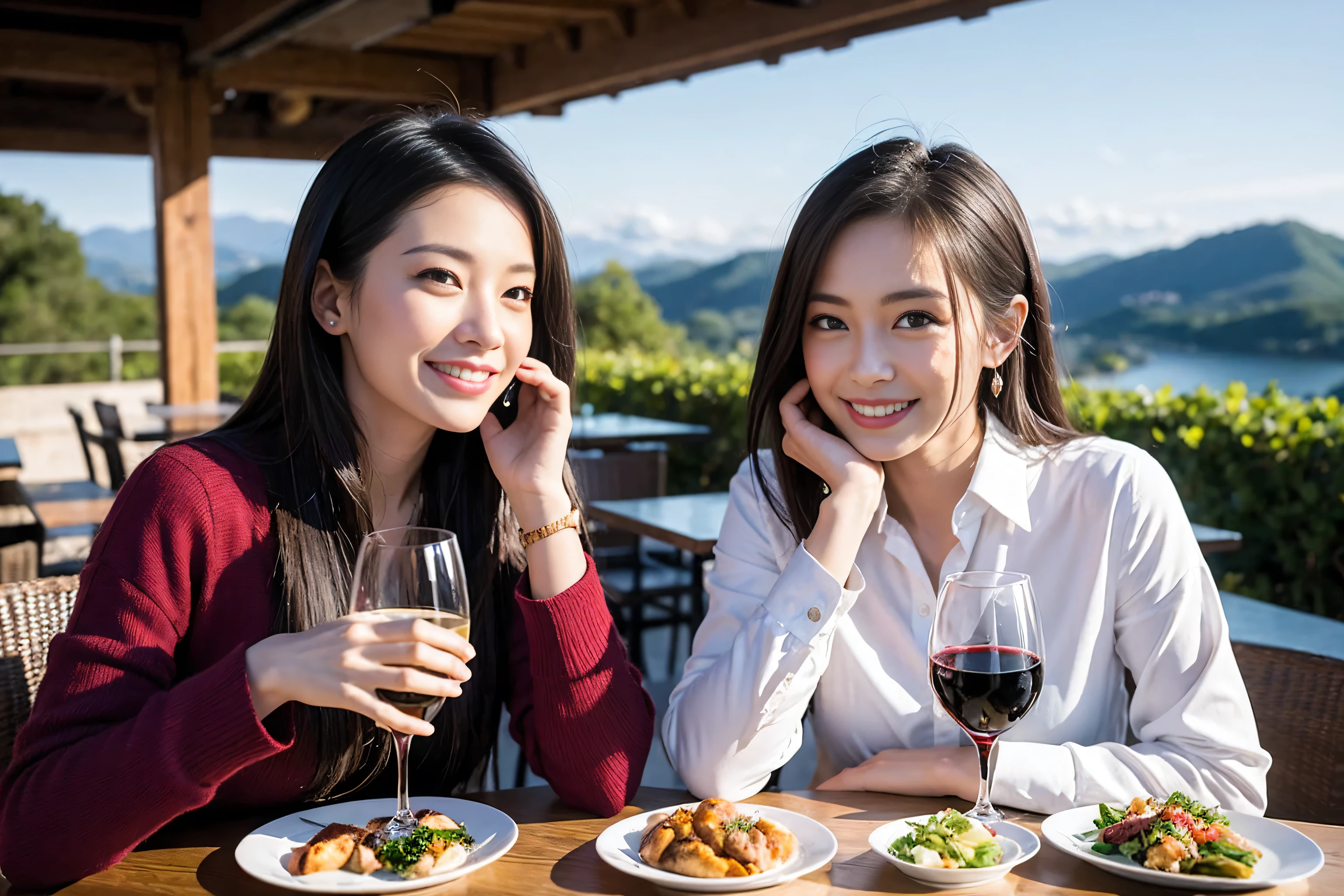 ((highest quality、8k、masterpiece:1.3))、1 male 1 female、Lovers、beautiful couple、Japanese couple、Happy Smile、Dinner Course、Appetizers、Italian food、 (Slim face), (The body is スリム), (Brown Hair), (Shortcuts), ((Bob Hale、Straight hair:1.2)), Wine glass on the table、Please put light on my face、 Amazing view of the sunset sky and clouds、Amazing mountain views、The wonderfulness of smiles、Bright image、Blushing, Shortcuts,Bright Face、 (36 years old), 39 years old, red wine 、Wine bottle、Champagne、sparkling wine、Long sleeve shirt、dress、Attractive beauty、restaurant, Nova Frog Style, actress, model, Upper Body, White wine, red wine, wine glass,