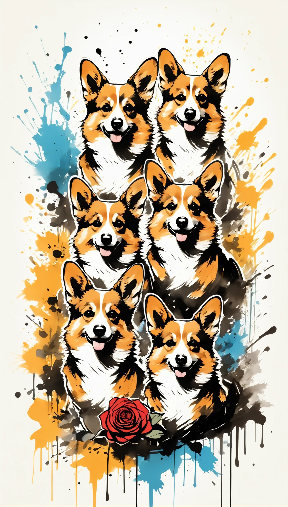 Vector Art, Colorful illustration with lots of corgis and roses, In the center, Vibrant colors，Graffiti Art，ink splatter，Wild and unrestrained，rich and colorful，visual impact,Modern aesthetic super detailed,

