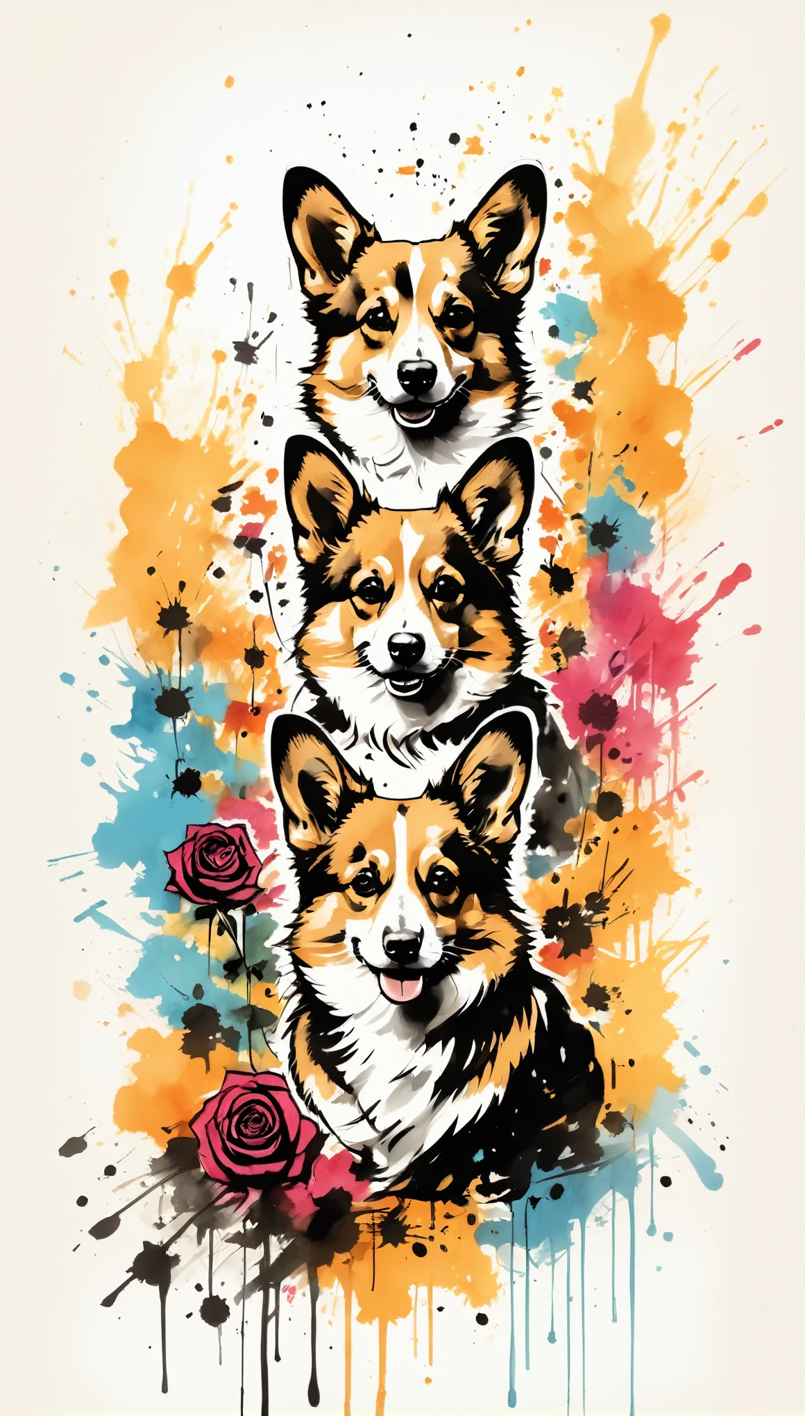 Vector Art, Colorful illustration with lots of corgis and roses, In the center, Vibrant colors，Graffiti Art，ink splatter，Wild and unrestrained，rich and colorful，visual impact,Modern aesthetic super detailed,
