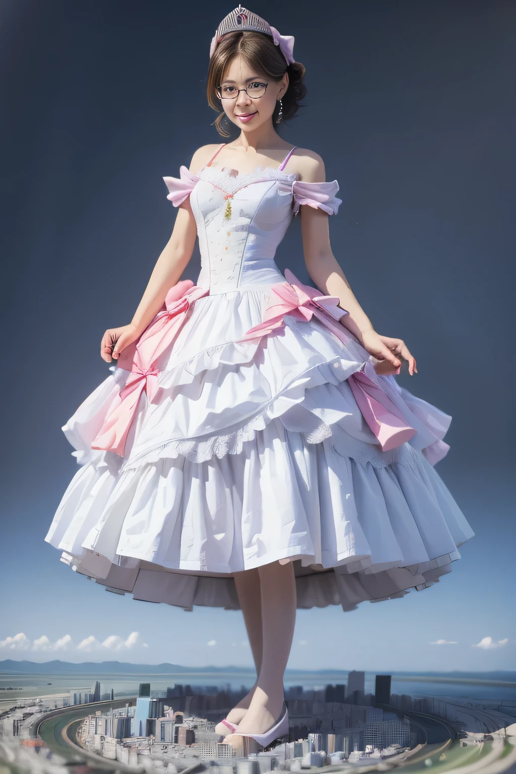 giantess art, highly detailed giantess shots, giantess, Two legs, Five fingers, short hair, super giant princess, A beautiful girl who is bigger than any skyscraper, Wearing rimless glasses, smile, Big Breasts, White gorgeous dress, White Pantyhose, white pantyhose, White stiletto sandals, toes visible through pantyhose, Destroying cities, A very small big city, Miniature metropolis, Full body description, GTS, giga giantess, stomping city, crash city, tiny city, micro city, pantyhose feet, High resolution, highest quality, masterpiece, princess dress,