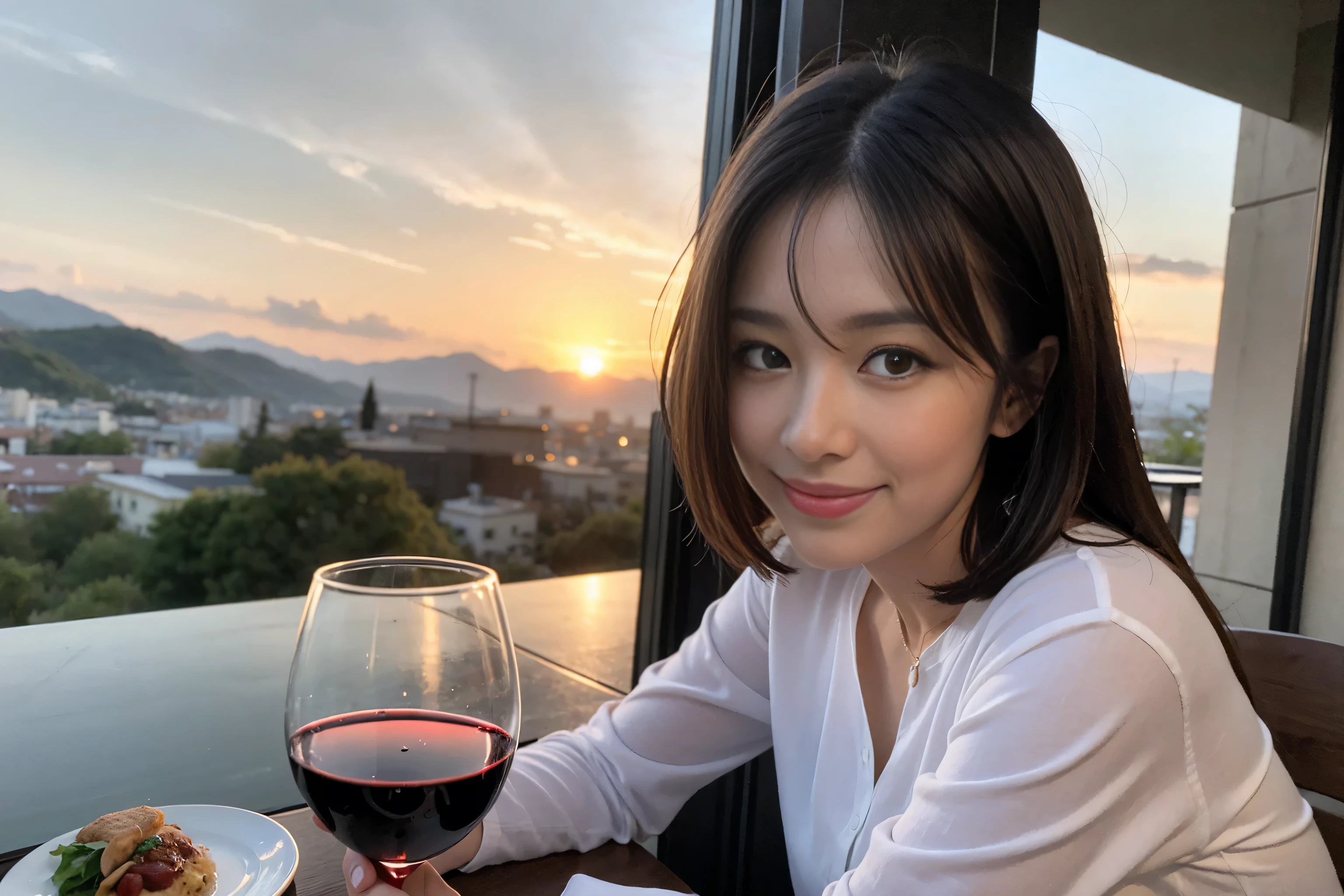 ((highest quality、8k、masterpiece:1.3))、1 male 1 female、Lovers、beautiful couple、Japanese couple、Happy Smile、Dinner Course、Appetizers、Italian food、 (Slim face), (The body is スリム), (Brown Hair), (Shortcuts), ((Bob Hale、Straight hair:1.2)), Wine glass on the table、Please put light on my face、 Amazing view of the sunset sky and clouds、Amazing mountain views、The wonderfulness of smiles、Bright image、Blushing, Shortcuts,Bright Face、 (36 years old), 39 years old, red wine 、Wine bottle、Champagne、sparkling wine、Long sleeve shirt、dress、Attractive beauty、restaurant, Nova Frog Style, actress, model, Upper Body, White wine, red wine, wine glass,