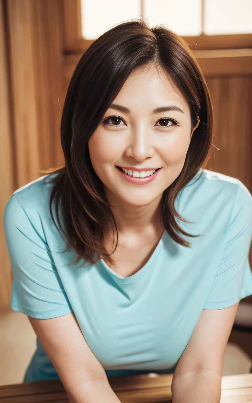 a mature Japanese woman, smile, curvy body, round face, plum lips, tie brown hair up, (no make-up), cleaning very bright white living room with cleaner , in the morning, wearing white t-shirt, loose roomy bottoms, slippers, high quality, portrait, photogenic, realistic, 8K,