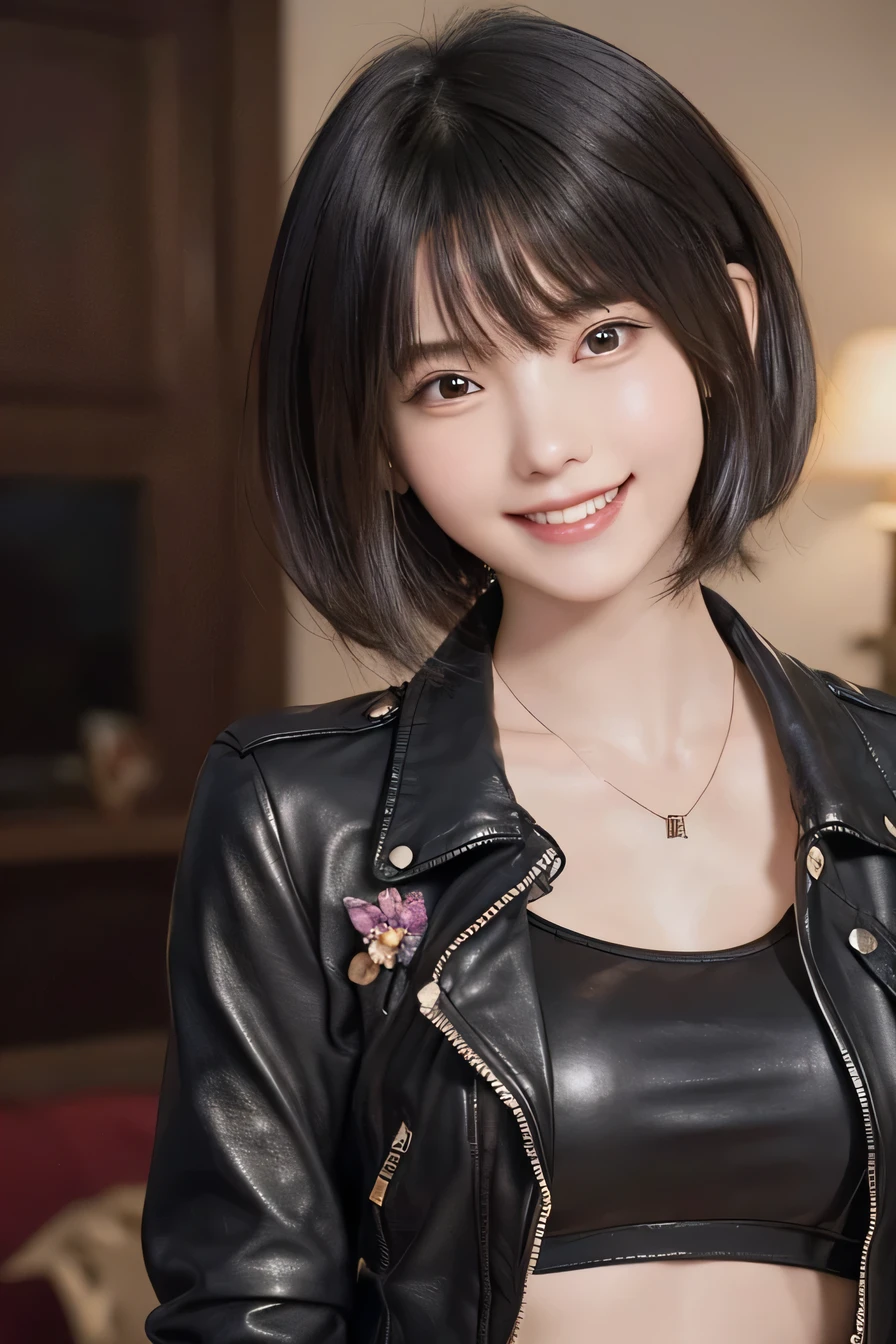 05 ((short hair)), 20-year-old female, Surrealism, Flower Smile、Gums are visible、Beautiful teeth alignment、Black Hair、ear piercing、Necklace around the neck、leather jacket、shirt、Smiling with teeth showing、The background is in the room、