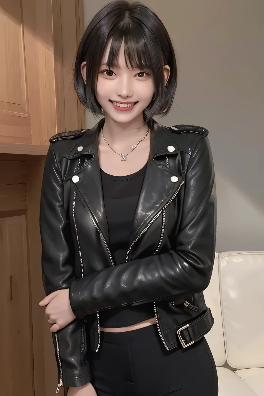 05 ((short hair)), 20-year-old female, Surrealism, Flower Smile、Gums are visible、Beautiful teeth alignment、Black Hair、ear piercing、Necklace around the neck、leather jacket、shirt、Smiling with teeth showing、The background is in the room、