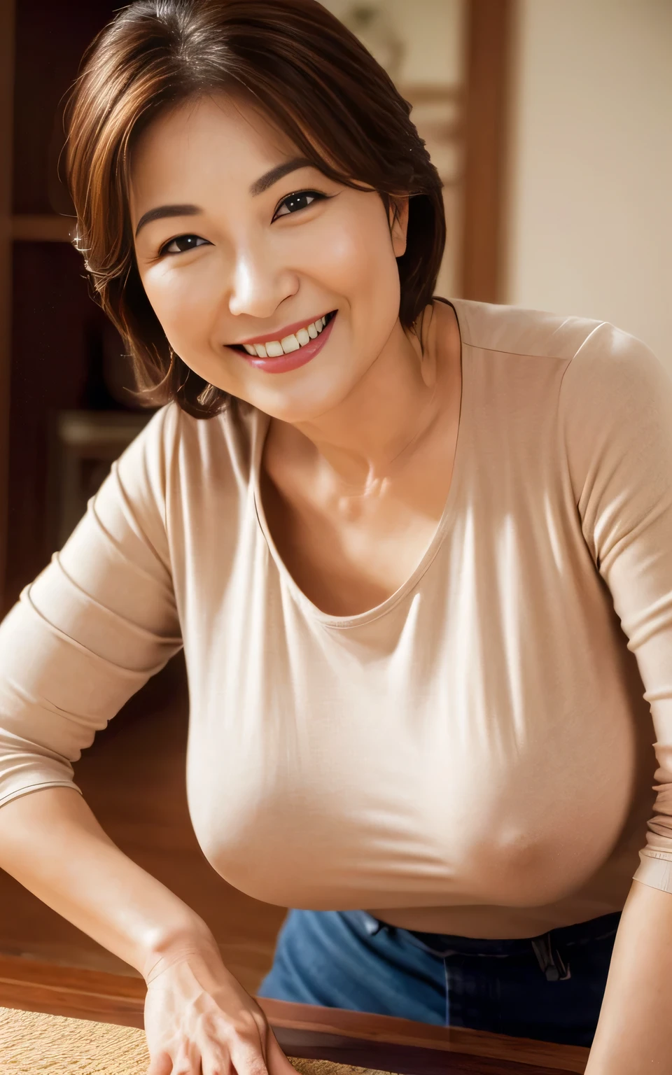 ((highest quality, 8k, Tabletop :1.3)), Sharp focus :1.2, Beautiful mature woman, 48 years old, Mature Woman, ((Loose T-shirt)), Down blouse, ((Leaning forward)), (Huge breasts), (smile:1.2), Highly detailed face and skin texture, Fine grain, (Round face:1.4), indoor、Photographing the whole body from a distance 2.0、Bright smile、1 female、Biologically correct、Accentuates the body line