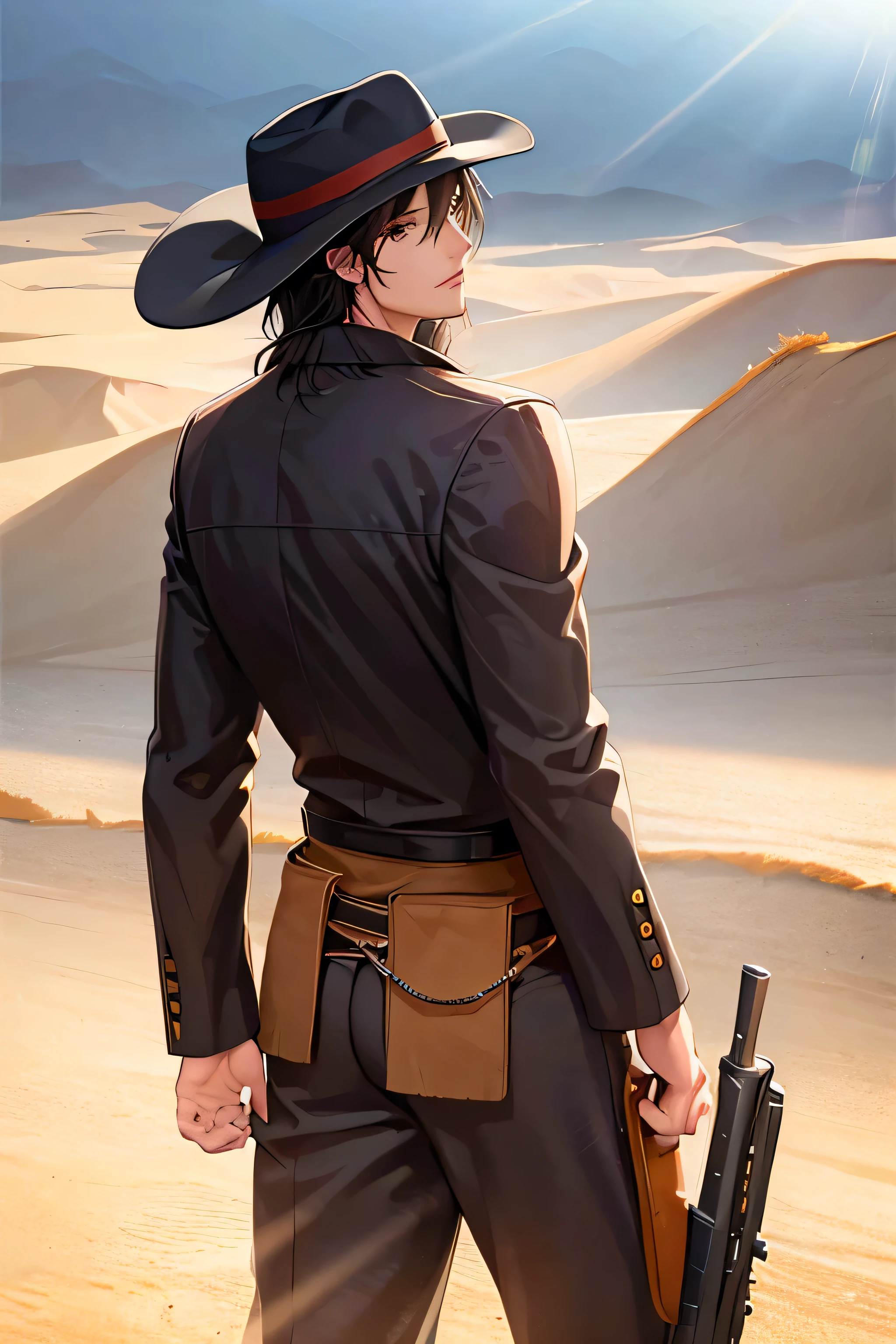 handsome black haired man in cowboy clothes and hat, back turned, holding gun, desert background shining with scorching sun rays, highly detailed, cinematic lighting, dramatic shadows, photorealistic, 8k, masterpiece, award-winning photography, striking colors, cinematic composition more similar to anime style