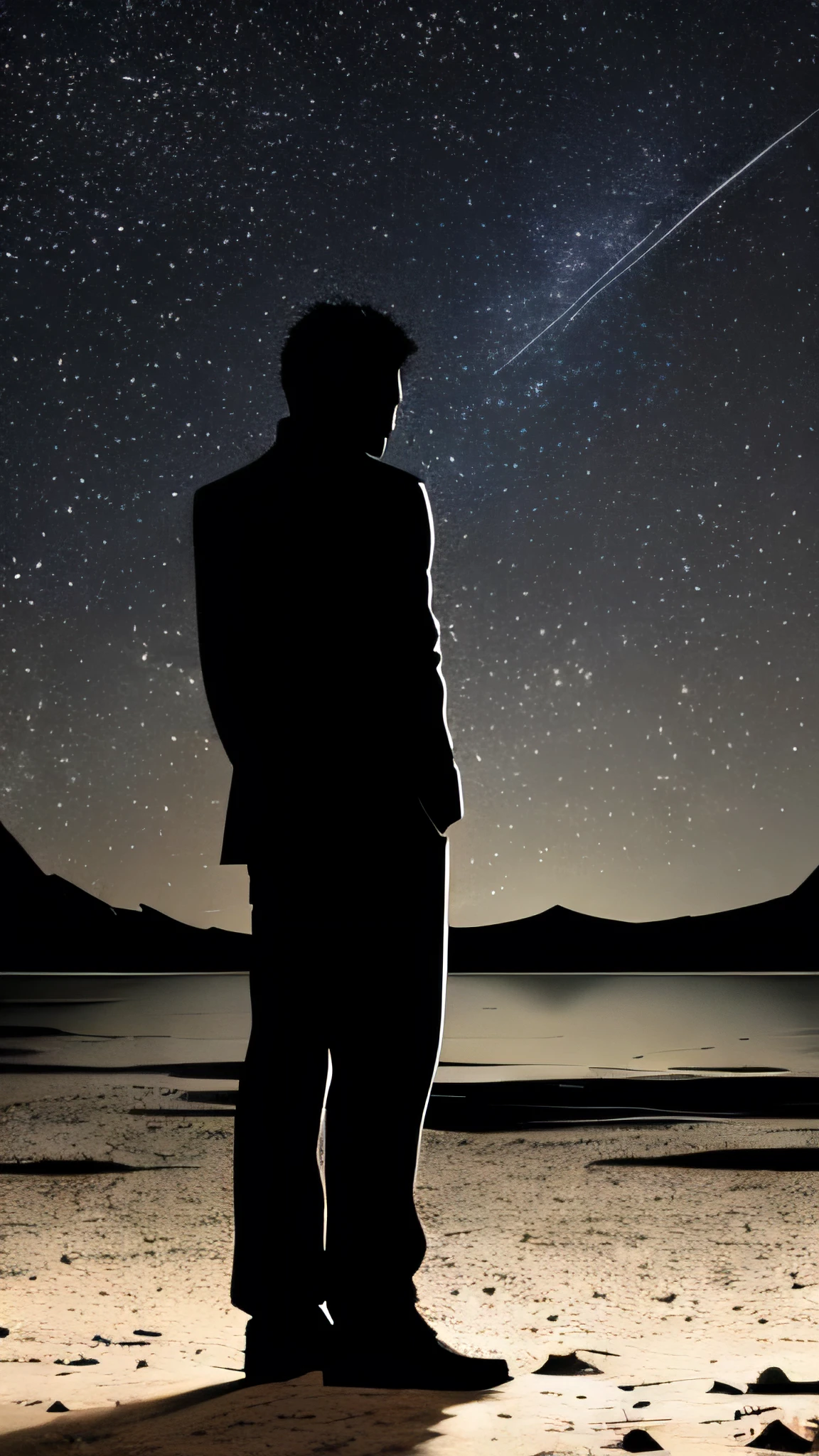 Create a painting of a solitary man standing with his back to the viewer, gazing up at the night sky. The scene should capture a sense of isolation and introspection. The night sky is filled with stars, and a faint glow from a crescent moon adds a touch of ethereal light. The man’s silhouette is slightly illuminated by the moonlight, and he appears lost in thought, contemplating the vastness of the universe. The overall mood of the artwork should evoke feelings of solitude, wonder, and quiet contemplation.
