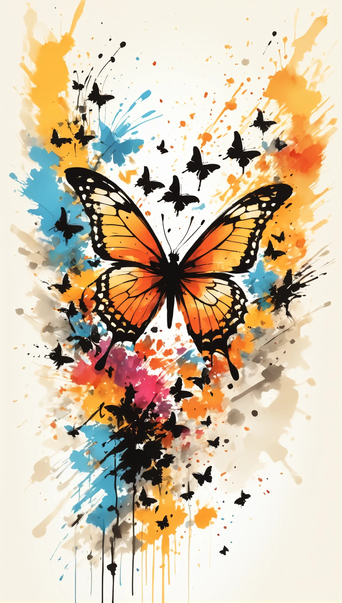 Vector Art, Colorful illustration with many butterflies, In the center, Vibrant colors，Graffiti Art，ink splatter，rich and colorful，visual impact,Modern aesthetic super detailed,
