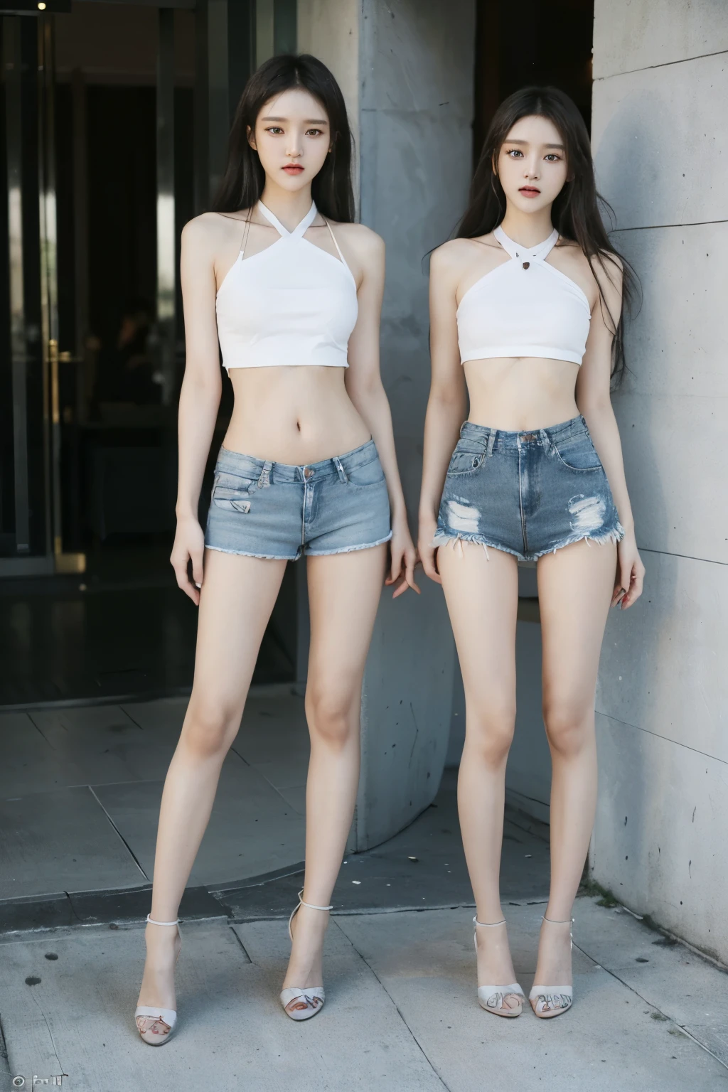 (8k、Raw photo、最high quality、masterpiece:1.5),((((Both of them stand with their legs apart:1.6)))),(((Both of them have an inseam that is more than half their height.:1.5))),((Both have bare legs)),((Both of them are extremely slim:1.2)),((((Both girls look exactly like K-pop star Wonyoung:1.8)))),((Both of them have very long, slender legs.:1.5)),((Both are 173cm tall:1.3)),((The two have perfect supermodel style: 1.2)),(((((Both of them take full body shots: 1.8))))),(((Both of you should face your whole body straight ahead.:1.5))),((Low angle shot:1.5)),Skin irregularities are reproduced in minute detail:1.5 Super thin waist: 1.2, Thin buttocks,Open the navel,完璧なSuper thin thighs: 1.2),(((Both of them have amazingly slim figures.))),((Both of them are wearing denim micro .:1.5)),((Both are 18 years old)),(Both of them have perfectly erect nipples.:1.5), (((Both of them are extremely exposed.:1.5))),(No bra:1.5),(((Both of their erect nipples are visible through the fabric.:1.5))),Highly detailed face and skin texture,Symmetrical face, Beautiful Eyes, Beautiful Face,balanced eyes, Fair Asian Skin, Ultra-Realistic Details, Natural Shadows,(Very small hips),Large firm breasts, Super long thighs,(Super thin thighs),(Super slim calves),((Small Ass)),Super muscular body,Super toned waist,More emphasis on the abdominal muscles:1.3,((Both of them have super-strong abs;1.5)),Super thin waist,((White high heels:1.3)),lengthen limbs,(Photographed 25cm above the ground:1.5),(((Standing on the sidewalk in front of a stylish upscale restaurant:1.5))),(Both of them are wearing short, see-through white mini camisoles.:1.3), (((Wide open abdomen:1.3))),Hands on hips,Both of them face forward,Super long arms,Thin hands,(Long black hair),((Both of them stand up straight.)),(Keep your hips facing forward),Both of them are beautiful with 8-head body proportions.,Very thin ankles,The arms are very slender and muscular,The legs are super slender and muscular,Make your arms thinner,Super slim and muscular legs,Both of them have super long legs.,The middle of the thighs are very thin,Super muscular and extremely slim calves,Super muscular and slim thighs,Very tight waist,((Both of them have an inseam that is more than half their height.の美脚:1.5)),Extremely thin thighs,Fine skin,Firm skin,(((Both of them should fit from the top of their heads to the toes of their heels.:1.5))),(((Both have beautiful legs:1.2))),Both of them are super muscular and have slim legs.,(toned thin legs:1.5),((Sunny afternoon:1.3)),Midsummer:1.5, Super detailed, High detail, high quality, Awards,High resolution,((Anatomically correct))