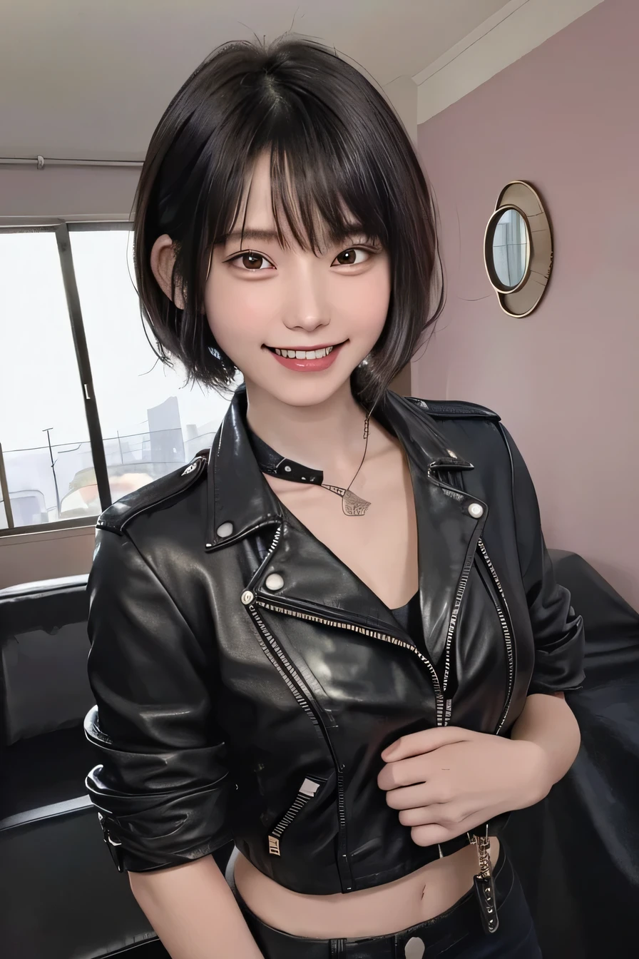 05 ((short hair)), 20-year-old female, Surrealism, Flower Smile、Gums are visible、Beautiful teeth alignment、Black Hair、ear piercing、Necklace around the neck、leather jacket、shirt、Smiling with teeth showing、The background is in the room、