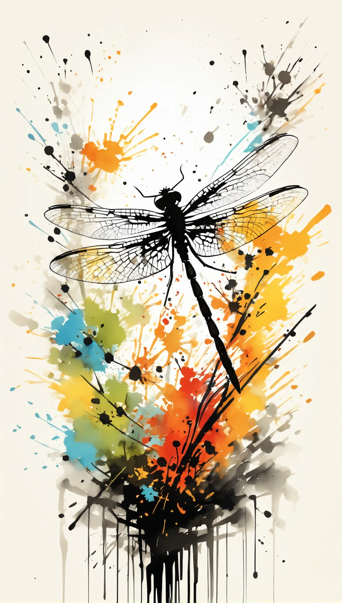 Vector Art, Colorful illustration with many dragonflies, In the center, Vibrant colors，Graffiti Art，ink splatter，rich and colorful，visual impact,Modern aesthetic super detailed,
