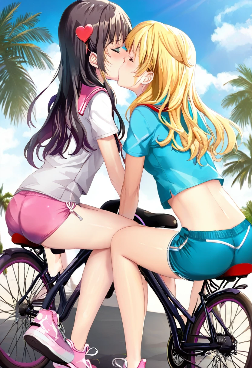 two girls kiss while sitting on black bicycles saddle cushion, dolphin shorts, ass,
