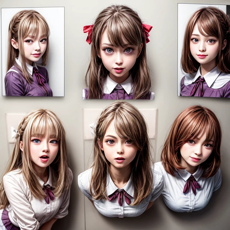 (Glory wall pose:1.2), SchoolGirls wearing uniforms with white panties, Red ribbon, Glistening ivory skin, name plate, no legwear . Character concept art, Different types of hair colors, (((NOGIZAKA face variations))) Extremely Detailed very KAWAII face variations, perfect anatomy, Childish, captivating gaze, elaborate detailed Eyes with (sparkling highlights:1.2), long eyelashes、Glossy RED Lips with beautiful details, Coquettish tongue, Rosy cheeks . { (Dynamic joyful expressions) | :d) }, Random eye color, (large eyes:-1), (Acutance:0.85) .