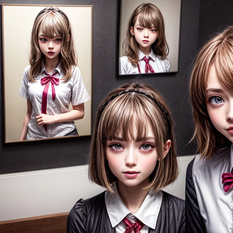 (Glory wall pose:1.2), SchoolGirls wearing uniforms with white panties, Red ribbon, Glistening ivory skin, name plate, no legwear . Character concept art, Different types of hair colors, (((NOGIZAKA face variations))) Extremely Detailed very KAWAII face variations, perfect anatomy, Childish, captivating gaze, elaborate detailed Eyes with (sparkling highlights:1.2), long eyelashes、Glossy RED Lips with beautiful details, Coquettish tongue, Rosy cheeks . { (Dynamic joyful expressions) | :d) }, Random eye color, (large eyes:-1), (Acutance:0.85) .
