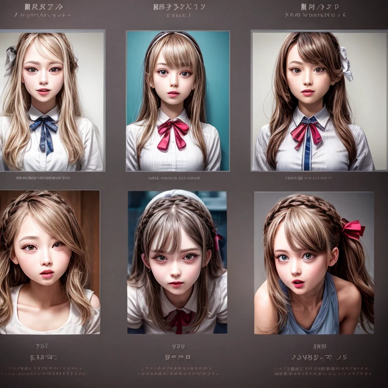 (Glory wall pose:1.2), SchoolGirls wearing uniforms with white panties, Red ribbon, Glistening ivory skin, name plate, no legwear . Character concept art, Different types of hair colors, (((NOGIZAKA face variations))) Extremely Detailed very KAWAII face variations, perfect anatomy, Childish, captivating gaze, elaborate detailed Eyes with (sparkling highlights:1.2), long eyelashes、Glossy RED Lips with beautiful details, Coquettish tongue, Rosy cheeks . { (Dynamic joyful expressions) | :d) }, Random eye color, (large eyes:-1), (Acutance:0.85) .