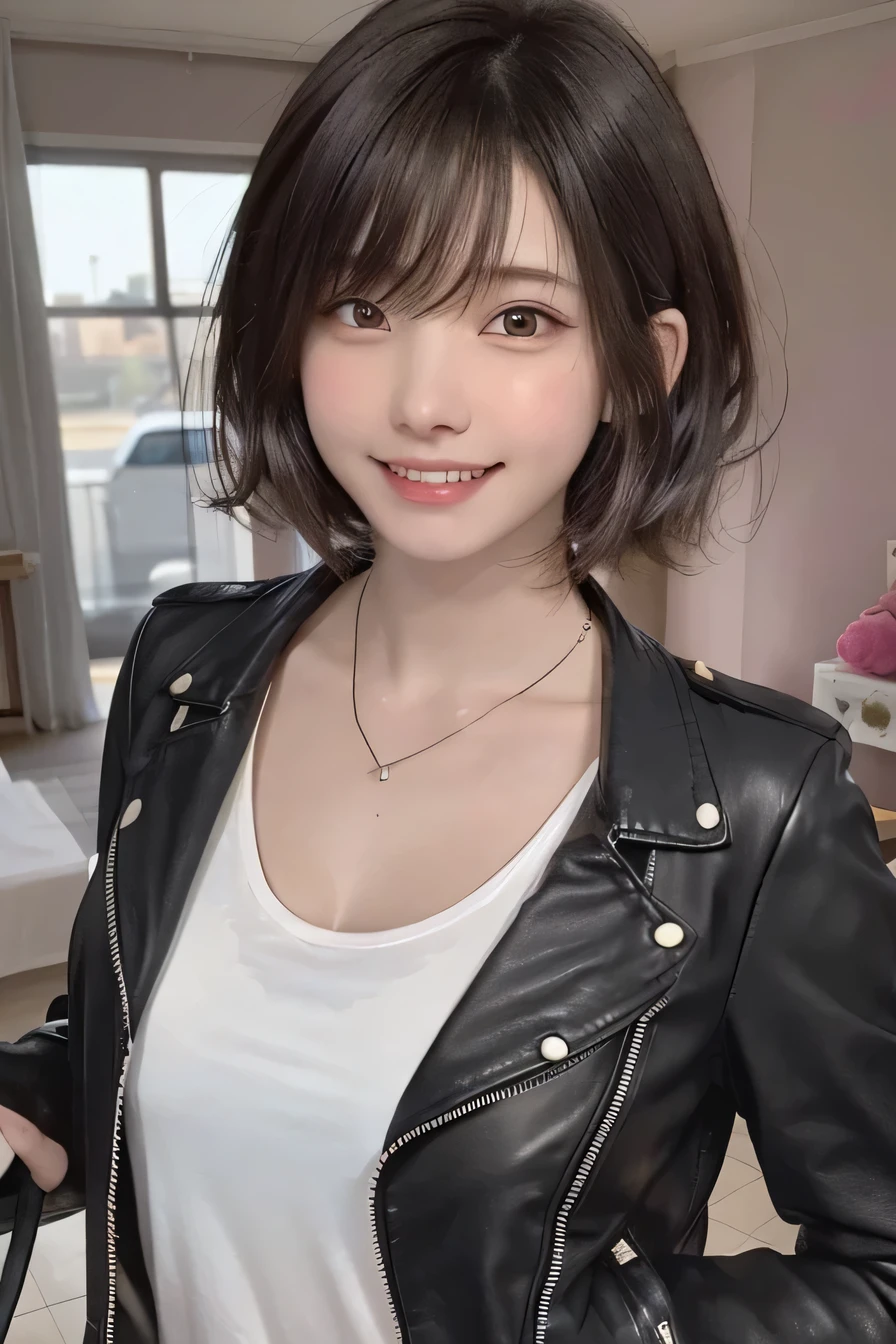 205  ((short hair)), 20-year-old female, Surrealism, Flower smile、Gums are visible、Beautiful teeth alignment、Brown Hair、Ear piercing、Necklace around the neck、leather jacket、shirt、shirt、Smiling with teeth showing、The background is in the room、