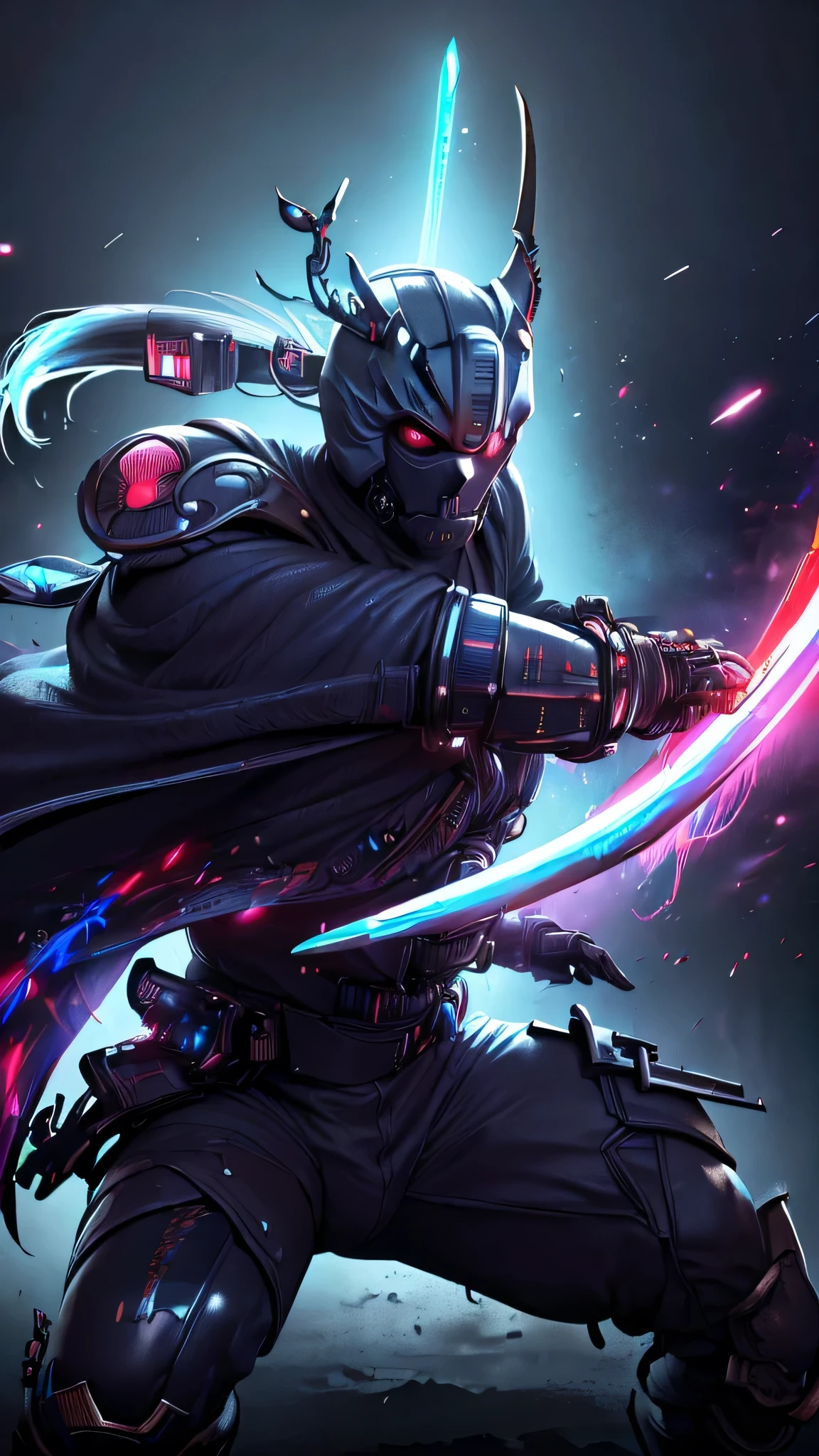 Super Realistic, Hyper Realistic, Super Detailed, (cybersamurai, 1boy, ((solo)), attacking with blue sword, wearing black-white armor and mask, cape, glowing beautiful red eyes, glow:1.3) (glowing simple black background:1.25),