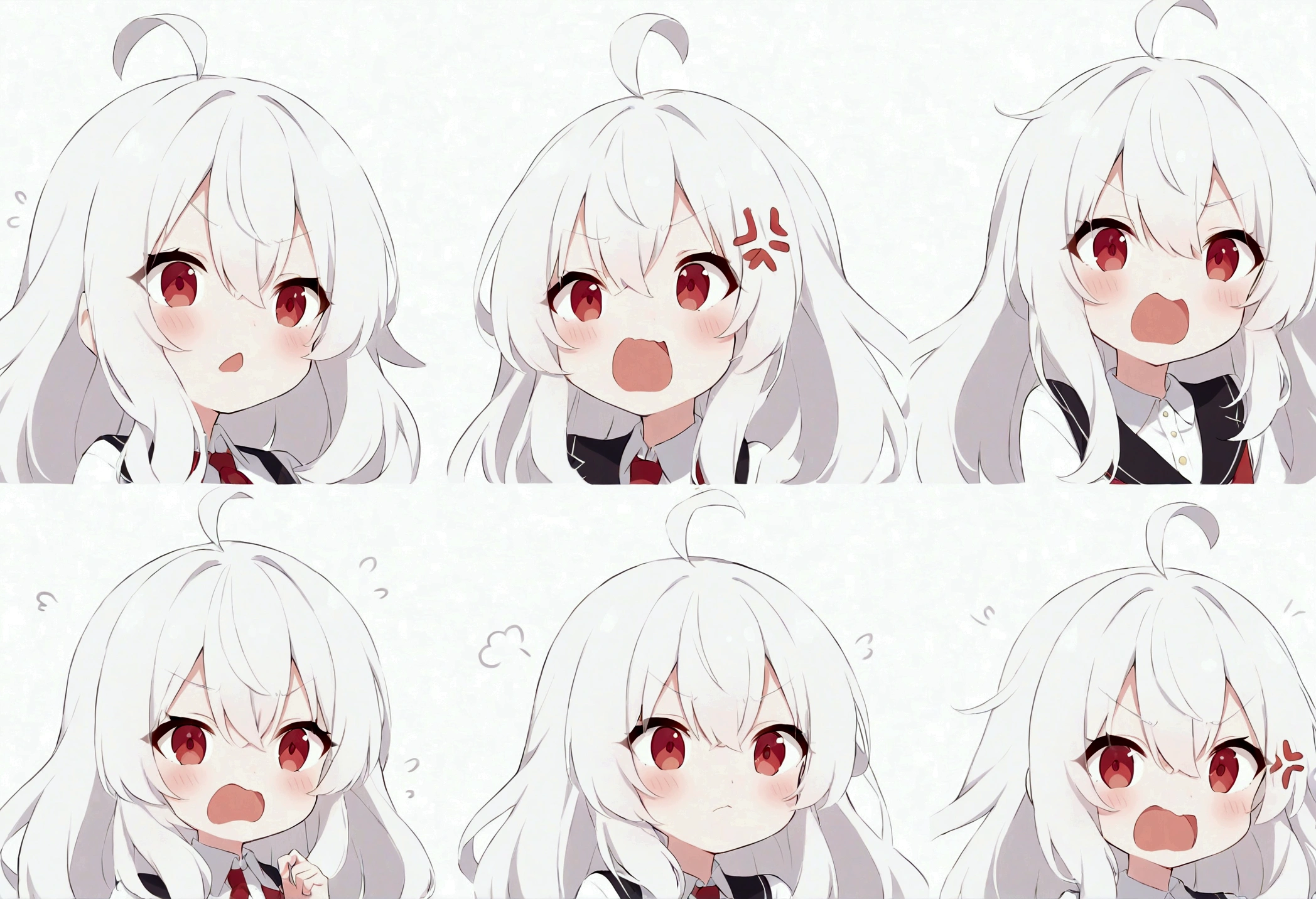 Cute kawaii style anime girl,White hair and red eyes cute style,Expressions and movements,Exaggerated movements,hapiness,anger,sad,surprise,hapiness等,Various emotions,White background,Q version,Nine-grid,Nine different expressions