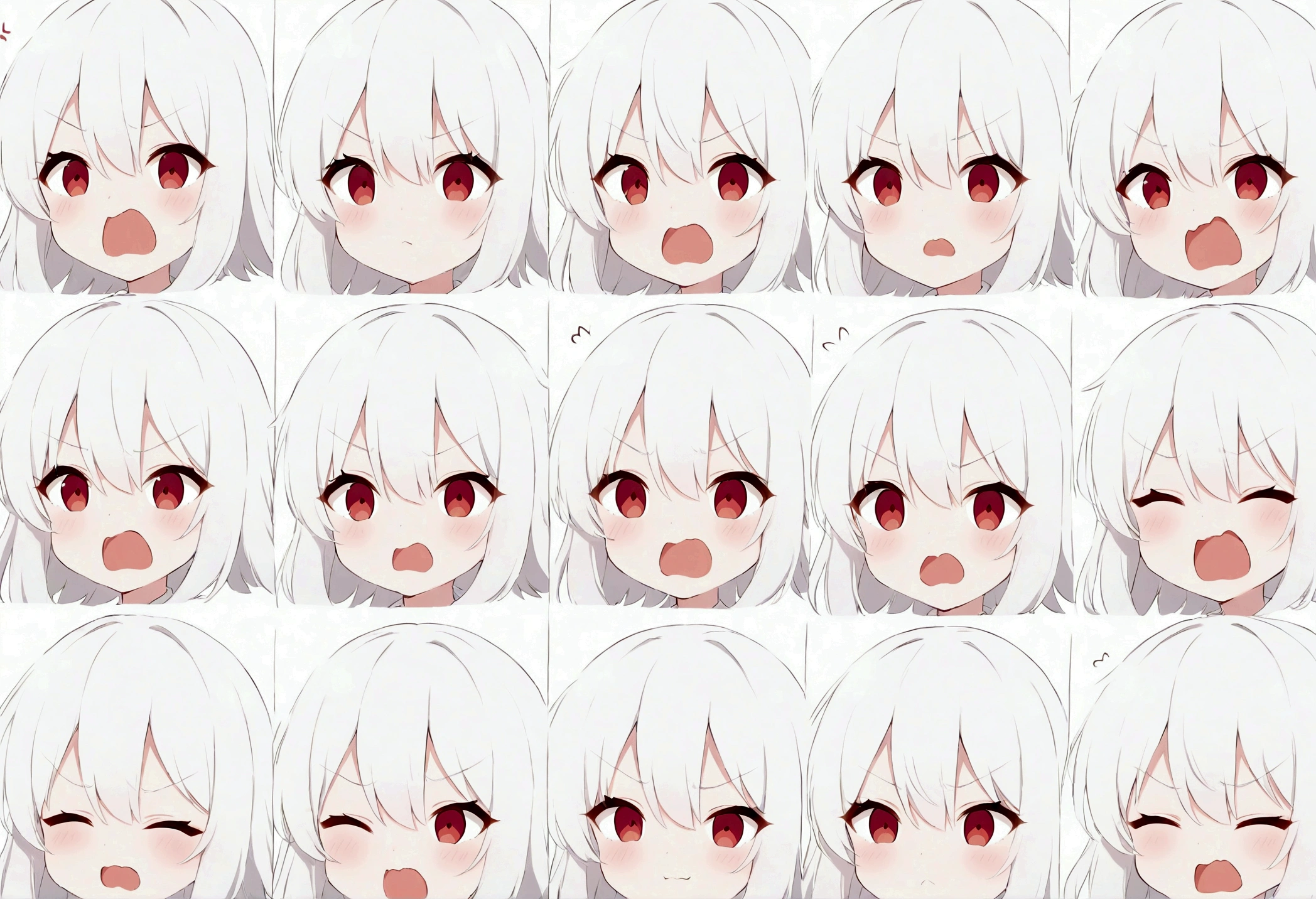 Cute kawaii style anime girl，White hair and red eyes cute style，Expressions and movements，Exaggerated movements，hapiness，anger，sad，surprise，hapiness等，Various emotions，White background，Q version，Nine-grid，Nine different expressions