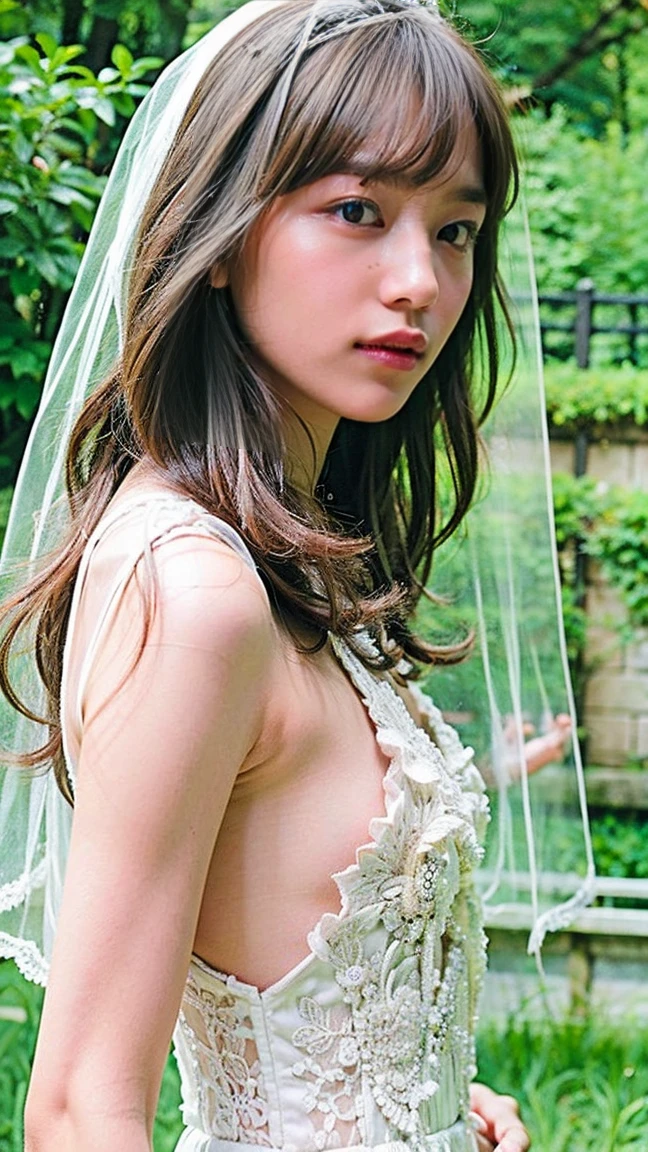 (masterpiece, highest quality, beautifully、aesthetic:1.3), View Viewer, Japanese beautiful girl、18-year-old high school student、alone, A light smile,low length、Immature body、Very small and beautiful、Beautiful cherry-colored areola、Erect nipples、Narrow waist、Small butt、Shaved、No underwear、No bra、No underwear、 Octane Rendering, Bridal Veil,Plunging neckline with lace trim, See through, The front of her wedding dress is open, exposing her breasts.、Her breasts are sticking out of her dress、, White veil on head、Outdoor, White Rose, garden, morning, Are standing, Very detailed, Upper body naked