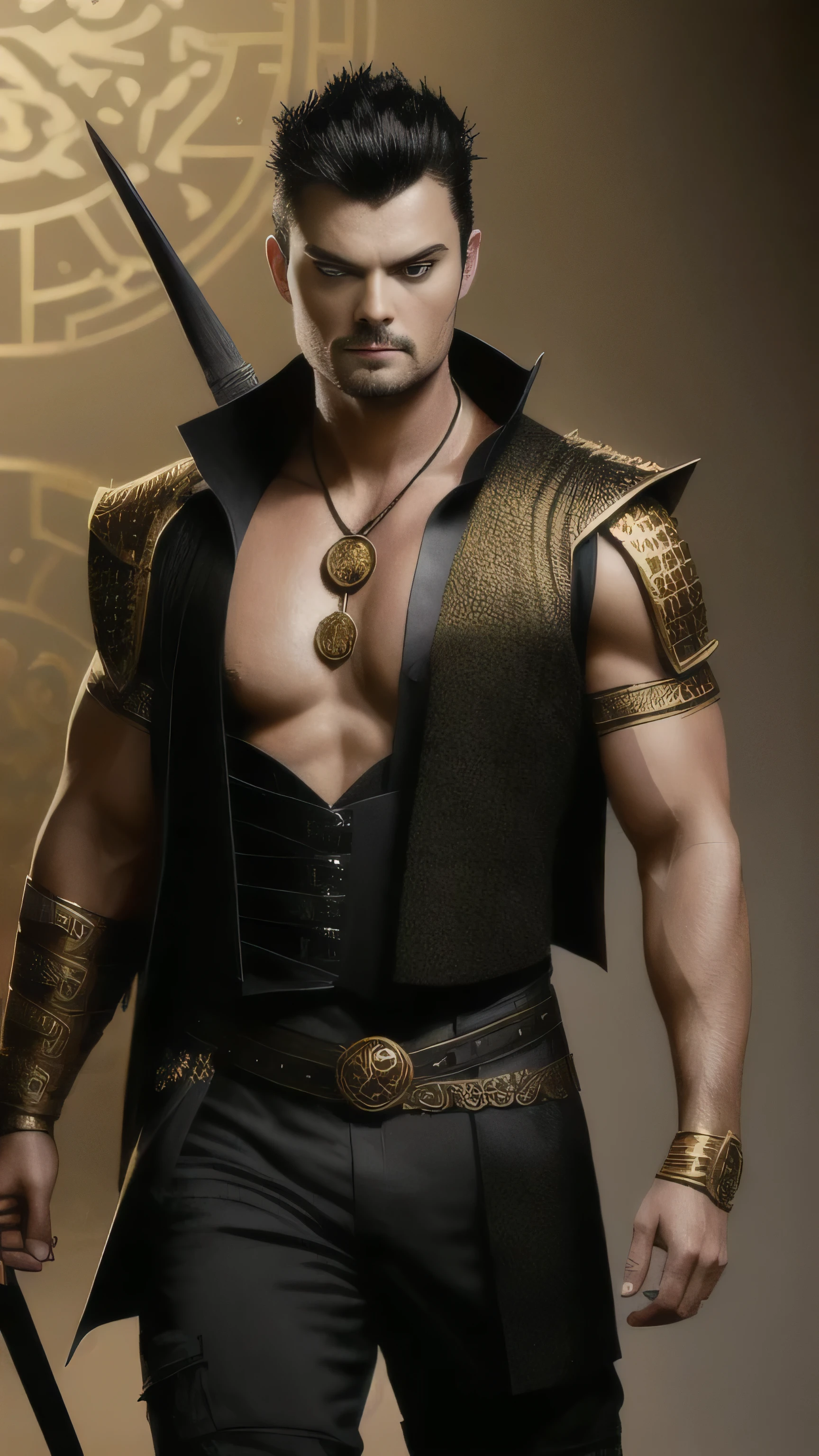 ((Karl Urban)) as Taven from Mortal Kombat, short black hair, black sleevless vest, (naked torso), black wide trousers, boots, (golden patterns:1.2), Dragon symbol, amulet, 1man, solo, full body view, front view, looking at viewer, intricate, high detail, sharp focus, dramatic, photorealistic painting art by greg rutkowski