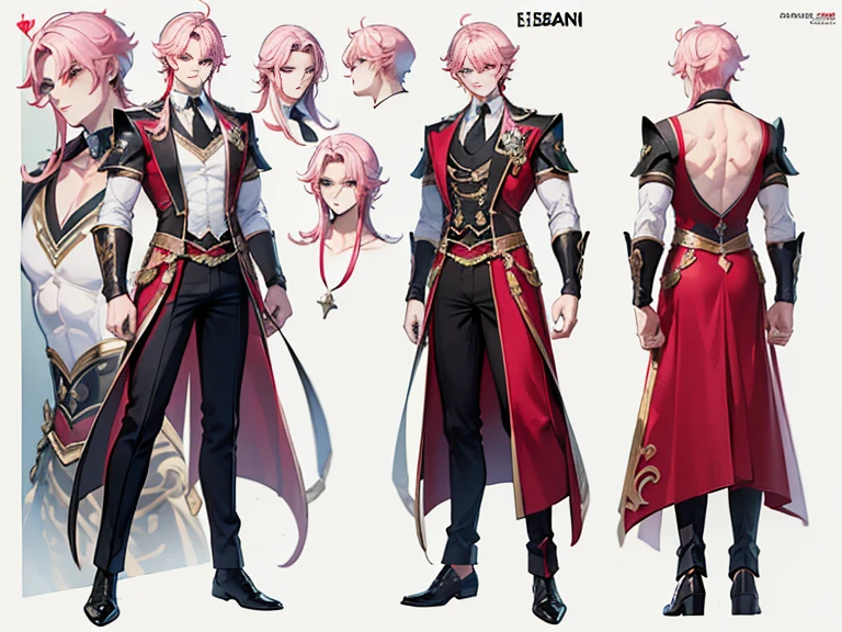 ((Masterpiece, Highest quality)), Male, boy, Detailed face, character design sheet，full body esbian, Full of details, frontal body view, back body view, Highly detailed, Depth, Many parts, Muscle boy with long pink hair，handsome man, vampire outfit clothes, Genshin Impact, man tall, pectoral muscles, abs
