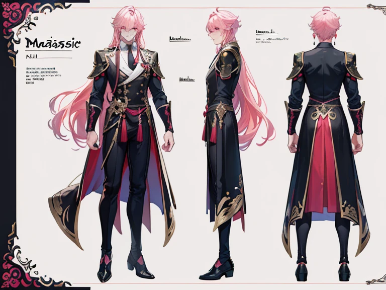 ((Masterpiece, Highest quality)), Male, boy, Detailed face, character design sheet,full body esbian, Full of details, frontal body view, back body view, Highly detailed, Depth, Many parts, Muscle boy with long pink hair,handsome man, vampire outfit clothes, Genshin Impact, man tall, pectoral muscles, abs