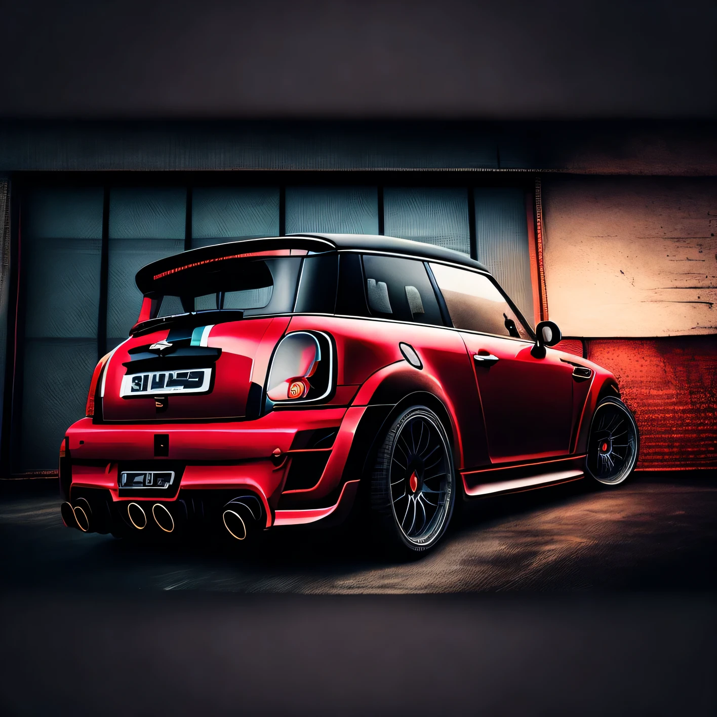 T shirt design, faded background edges, Classic London background, Vibrant colours, Artwork for t-shirt graphic design bright red coloured F55 Mini Cooper S Clubman Wagon in tunnel design impactful colourful paint highly detailed vibrant colours 8k, sharp high contrast high saturated ((carbon fibre, Liberty walk ultra wide body kit)), aggressive stance ((background: racetrack outside old industrial style building large windows in background heavy industrial look)), 8K quality realistic realism sharp detailed ultrawide black and carbon fibre and deep colour scheme front profile epic stance epic ultra wide body kit aggressive looks vector image with faded out backgrounds edge