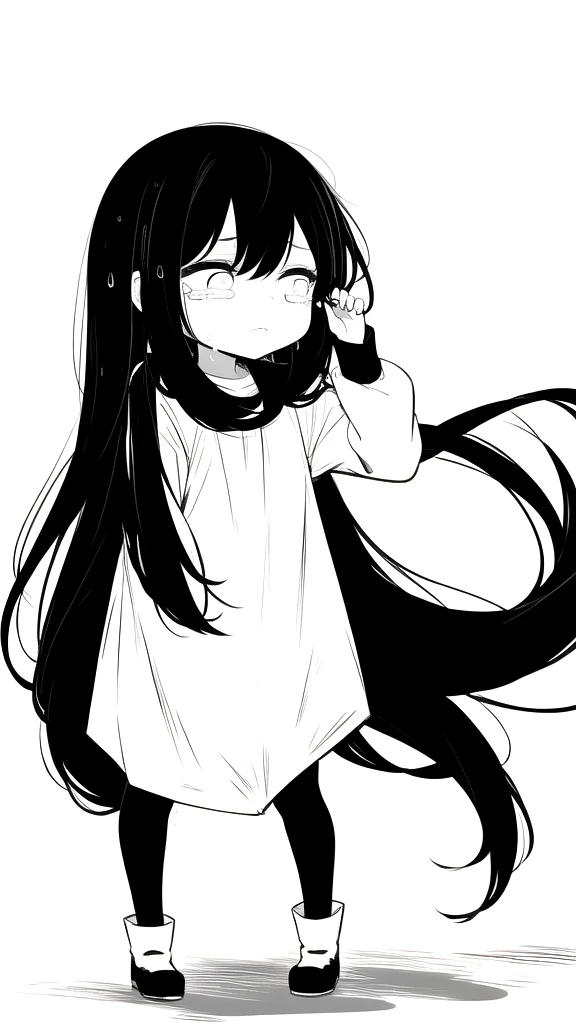best quality, chibi, 1 girl,Long black hair,(full body), Pure white background,Vivid,clearly,sad face,rain,snow,Are crying,shout,Very long black hair blowing in the wind,Run