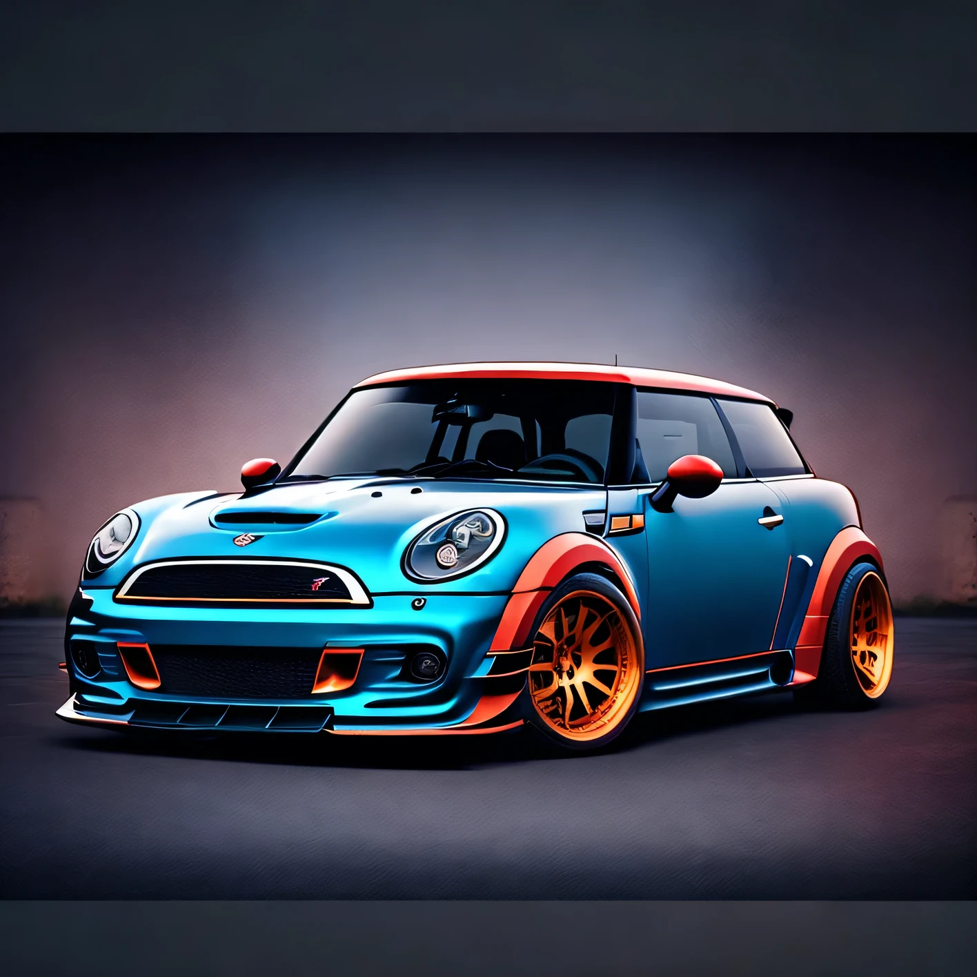 blue R55 Mini Cooper S Clubman Wagon faded background edges, T shirt design Classic London background, Vibrant colours design in tunnel design impactful colourful paint highly detailed vibrant colours wide view, sharp high contrast high saturated ((carbon fibre, Liberty walk ultra wide body kit)), aggressive stance ((background: racetrack outside old industrial style building large windows in background heavy industrial look)), 64K quality realistic realism sharp detailed ultrawide black and carbon fibre and deep colour scheme front profile epic stance epic ultra wide body kit aggressive looks vector image with faded out backgrounds edge